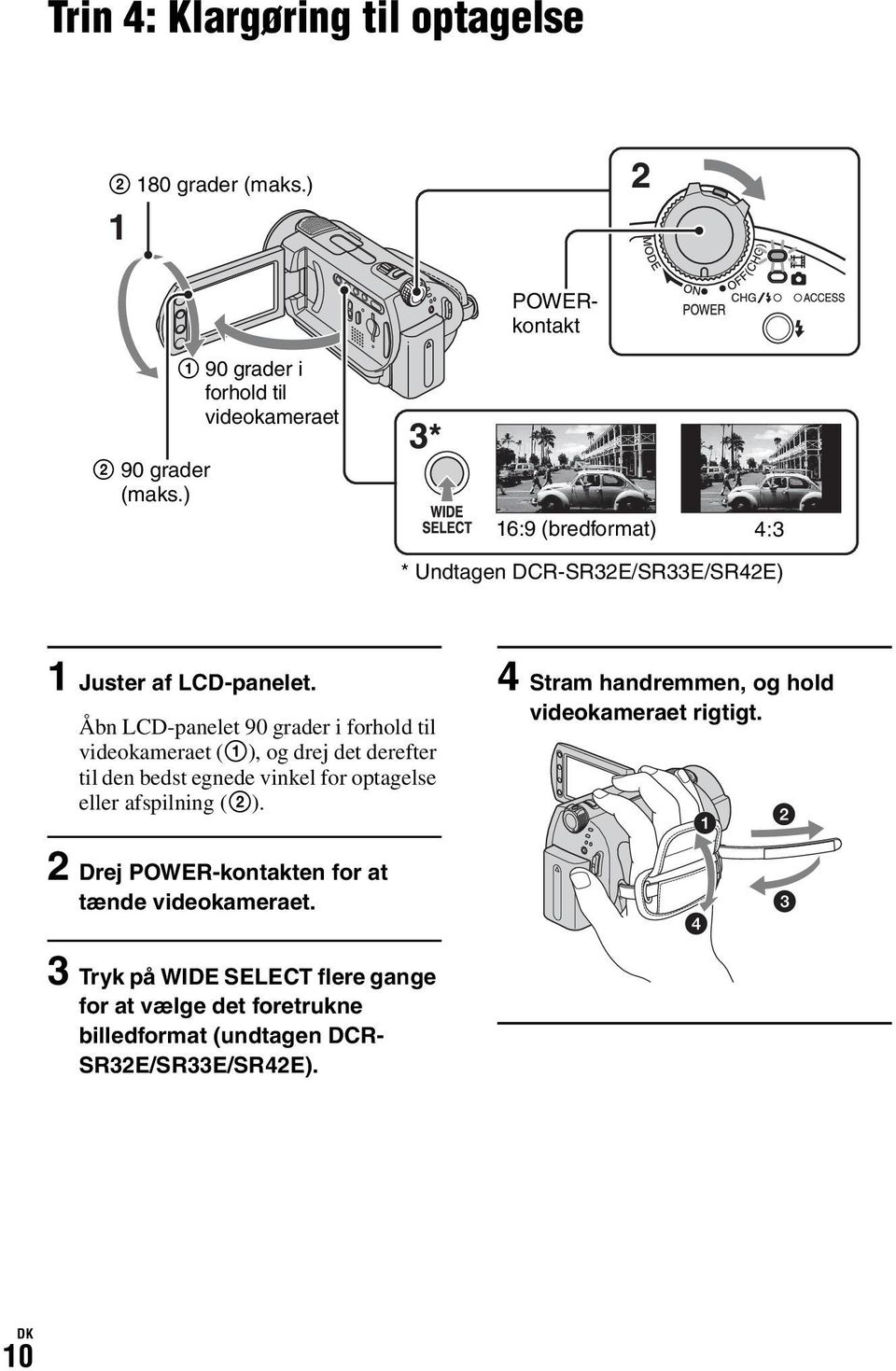 Åbn LCD-panelet 90 grader i forhold til videokameraet (1), og drej det derefter til den bedst egnede vinkel for optagelse eller afspilning (2).