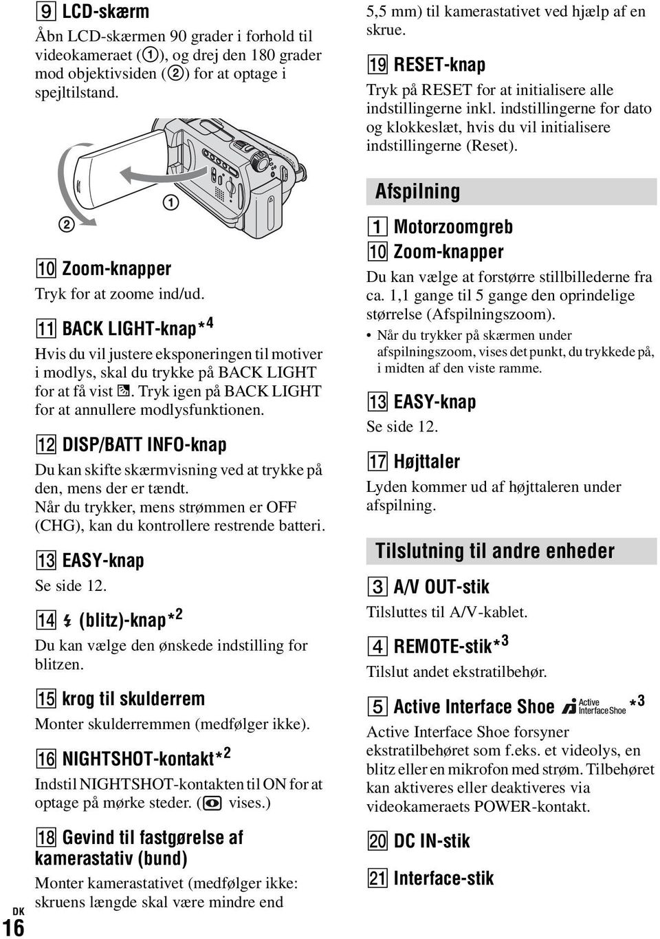 16 DK q; Zoom-knapper Tryk for at zoome ind/ud. qa BACK LIGHT-knap* 4 Hvis du vil justere eksponeringen til motiver i modlys, skal du trykke på BACK LIGHT for at få vist.