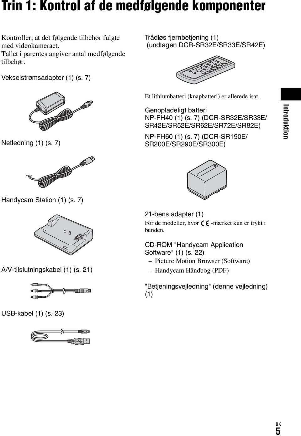 7) (DCR-SR32E/SR33E/ SR42E/SR52E/SR62E/SR72E/SR82E) NP-FH60 (1) (s. 7) (DCR-SR190E/ SR200E/SR290E/SR300E) Introduktion Handycam Station (1) (s. 7) 21-bens adapter (1) For de modeller, hvor bunden.