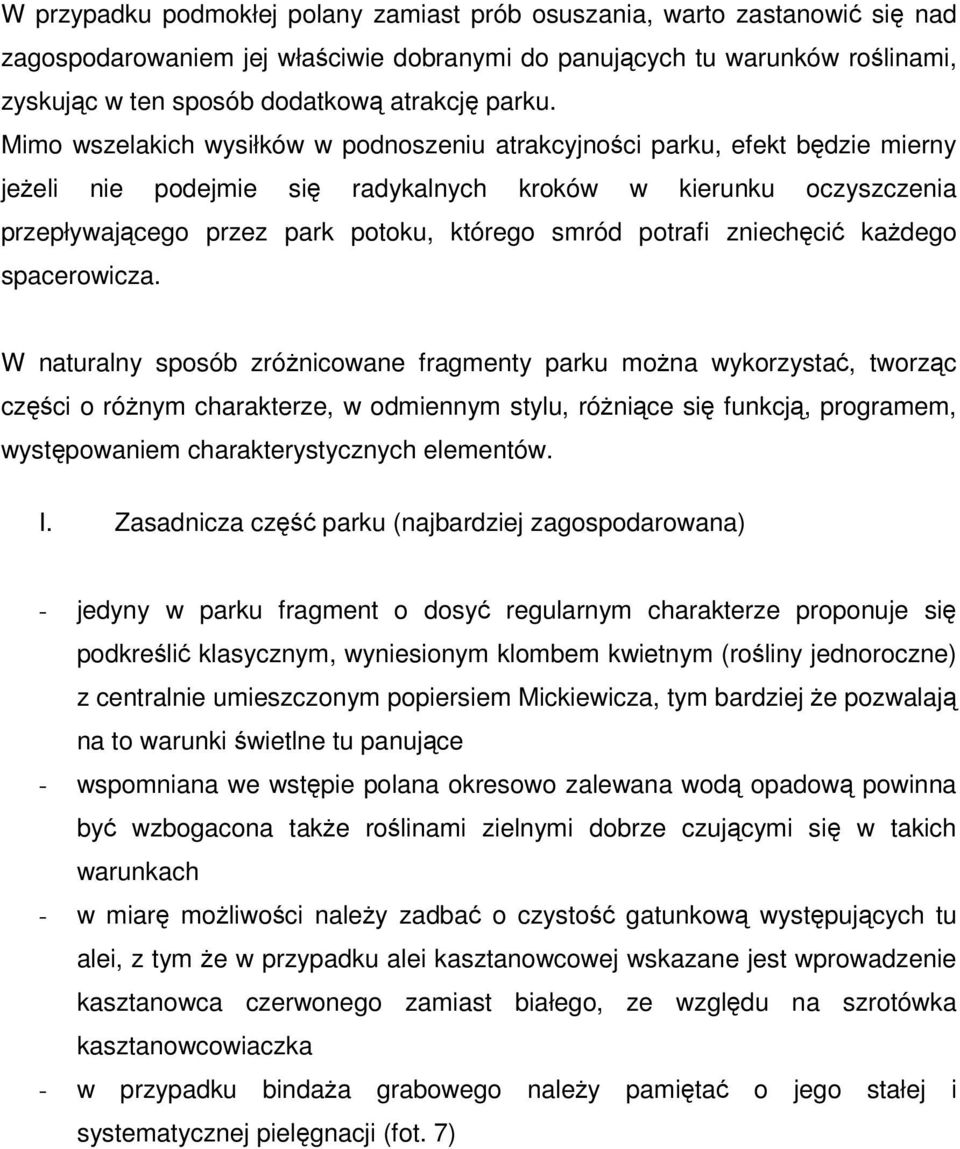 Mimo wszelakich wysiłków w podnoszeniu atrakcyjności parku, efekt będzie mierny jeżeli nie podejmie się radykalnych kroków w kierunku oczyszczenia przepływającego przez park potoku, którego smród