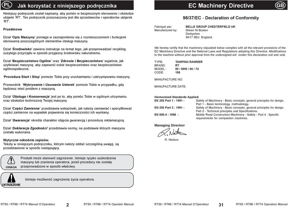 98/37/EC - Declaration of Conformity Przedmowa Dział Opis Maszyny pomaga w zaznajomieniu się z rozmieszczeniem i funkcjami sterowania poszczególnych elementów obsługi maszyny.