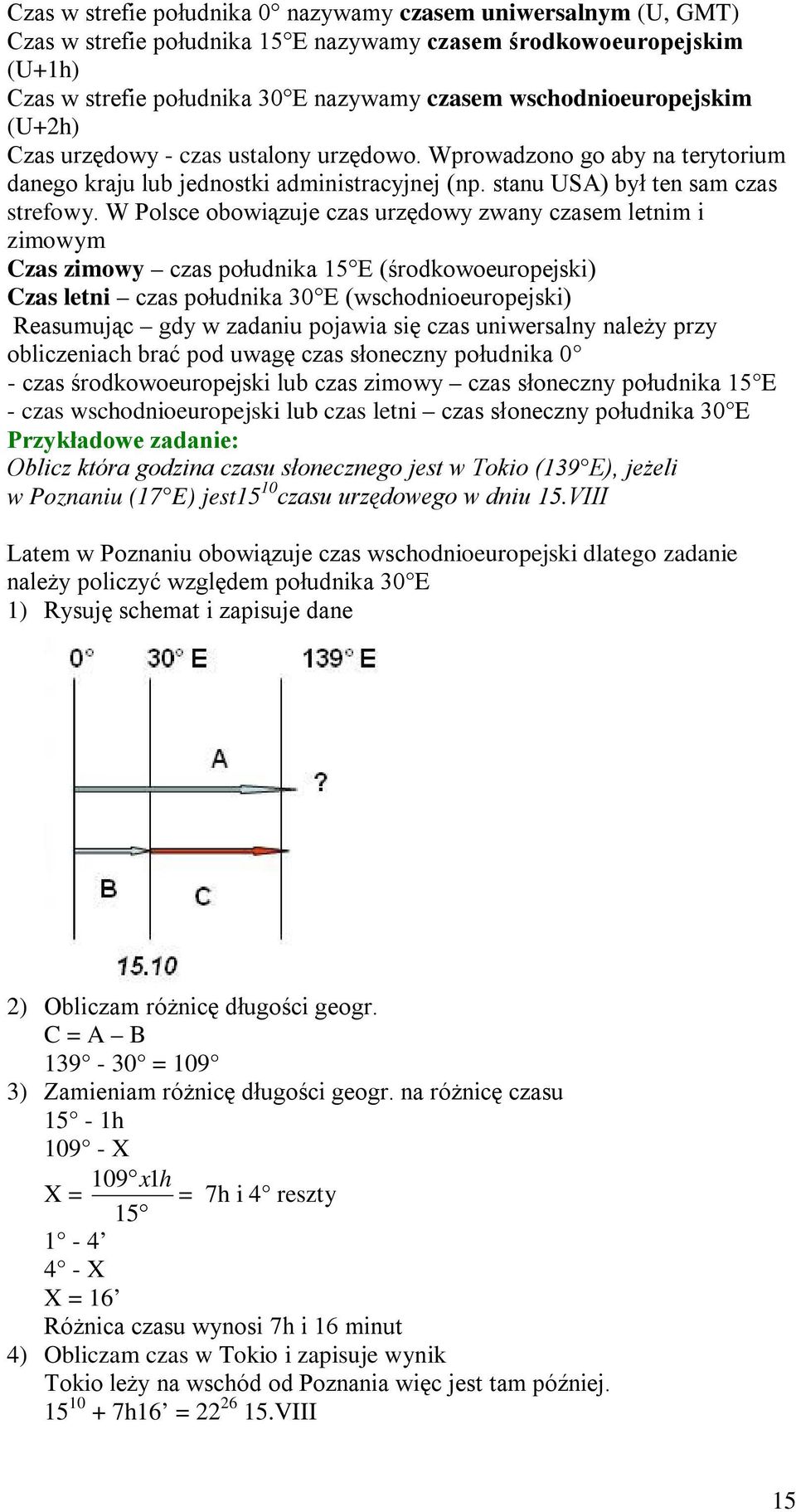 W Polsce obowiązuje czas urzędowy zwany czasem letnim i zimowym Czas zimowy czas południka 15 E (środkowoeuropejski) Czas letni czas południka 30 E (wschodnioeuropejski) Reasumując gdy w zadaniu