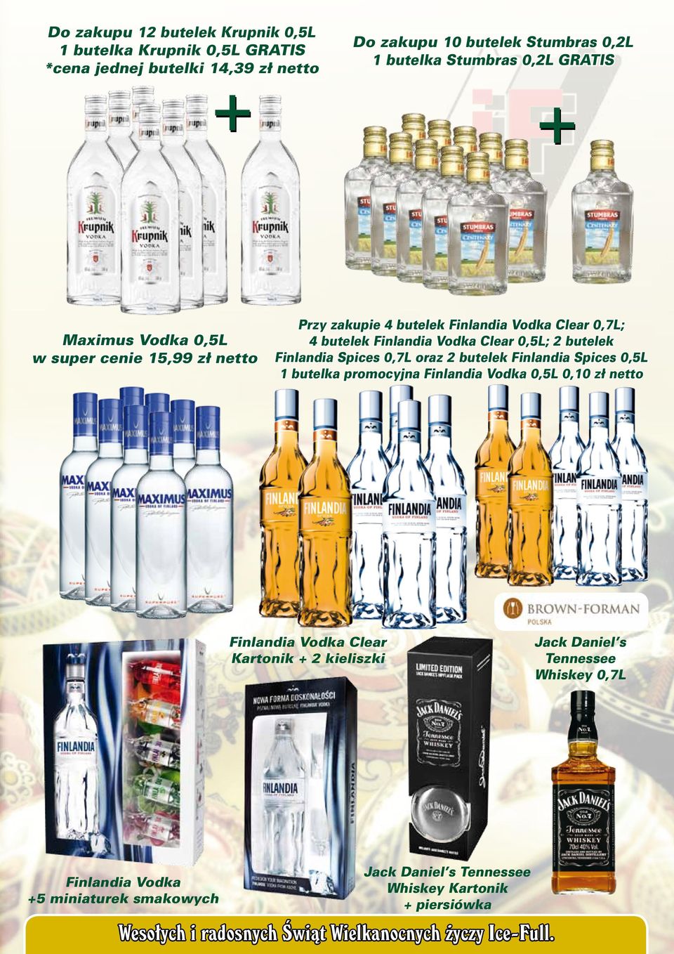Clear 0,5L; 2 butelek Finlandia Spices 0,7L oraz 2 butelek Finlandia Spices 0,5L 1 butelka promocyjna Finlandia Vodka 0,5L 0,10 zł netto Finlandia