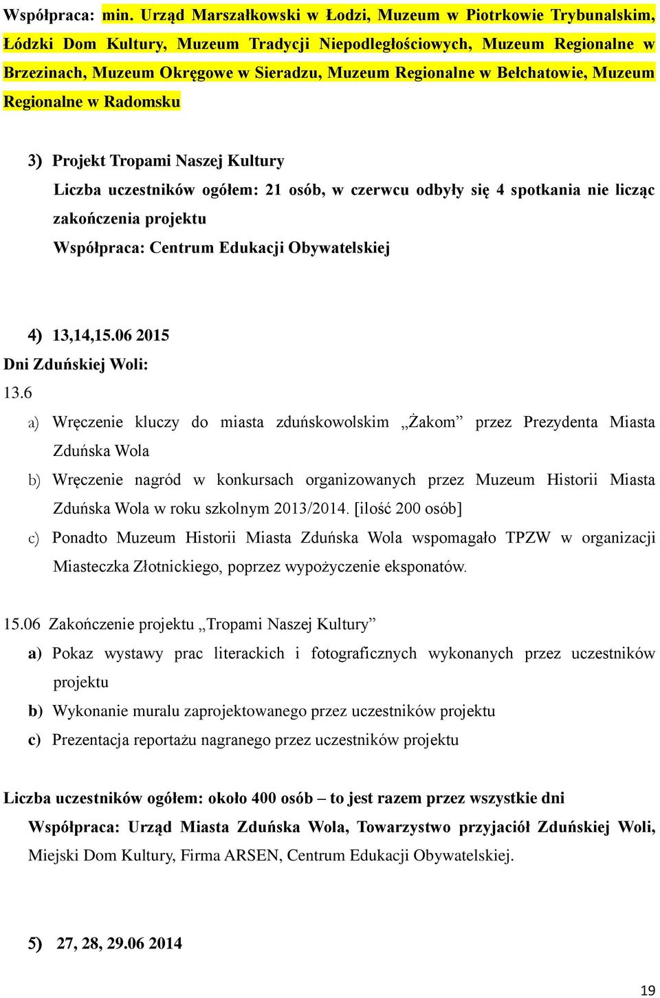 Bełchatowie, Muzeum Regionalne w Radomsku Projekt Tropami Naszej Kultury Liczba uczestników ogółem: 21 osób, w czerwcu odbyły się 4 spotkania nie licząc zakończenia projektu Współpraca: Centrum