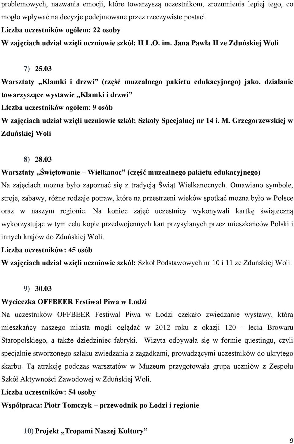 03 Warsztaty Klamki i drzwi (część muzealnego pakietu edukacyjnego) jako, działanie towarzyszące wystawie Klamki i drzwi Liczba uczestników ogółem: 9 osób W zajęciach udział wzięli uczniowie szkół: