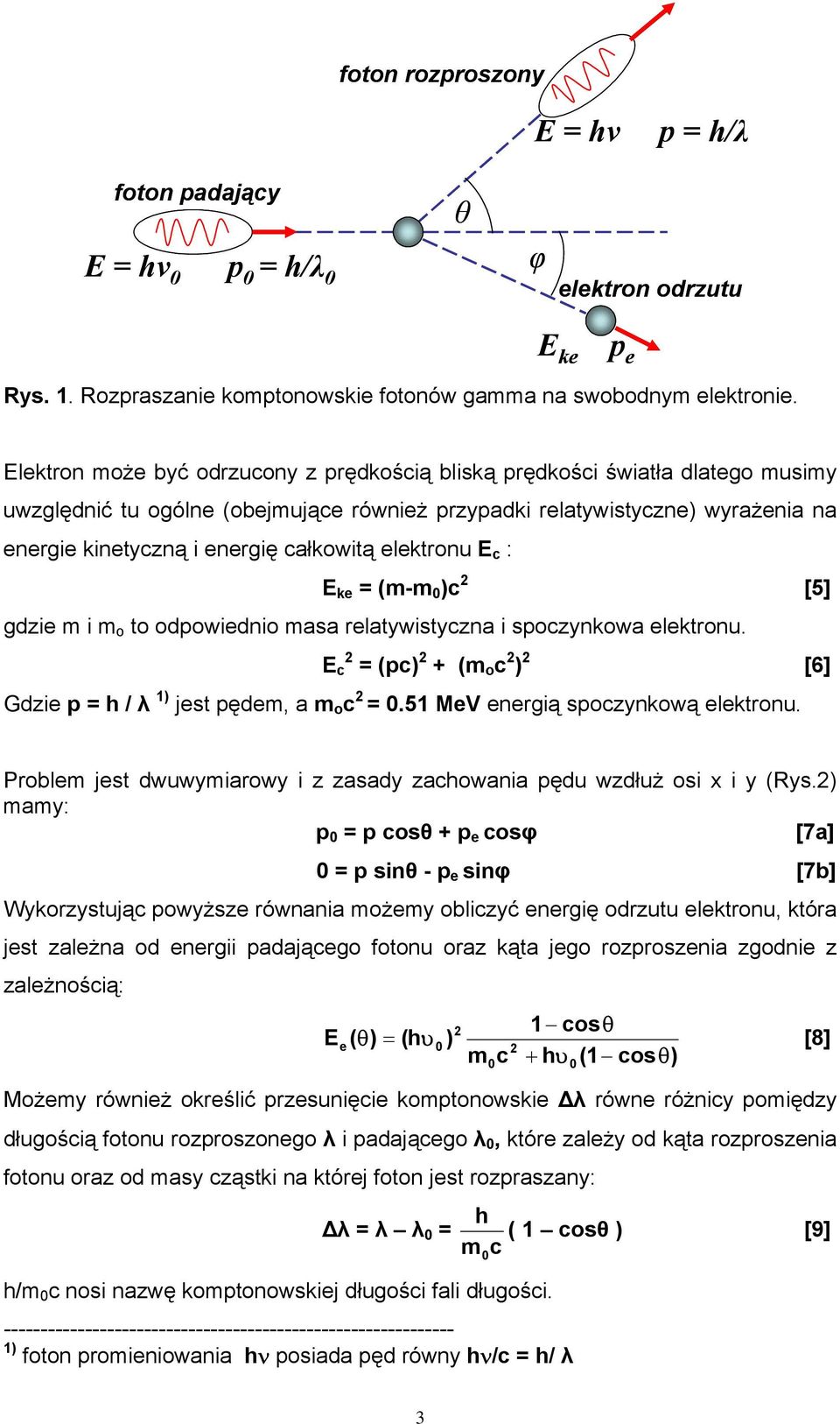 całkowitą elektronu E c : E ke = (m-m )c 2 [5] gdzie m i m o to odpowiednio masa relatywistyczna i spoczynkowa elektronu. E 2 c = (pc) 2 + (m o c 2 ) 2 [6] Gdzie p = h / λ 1) jest pędem, a m o c 2 =.