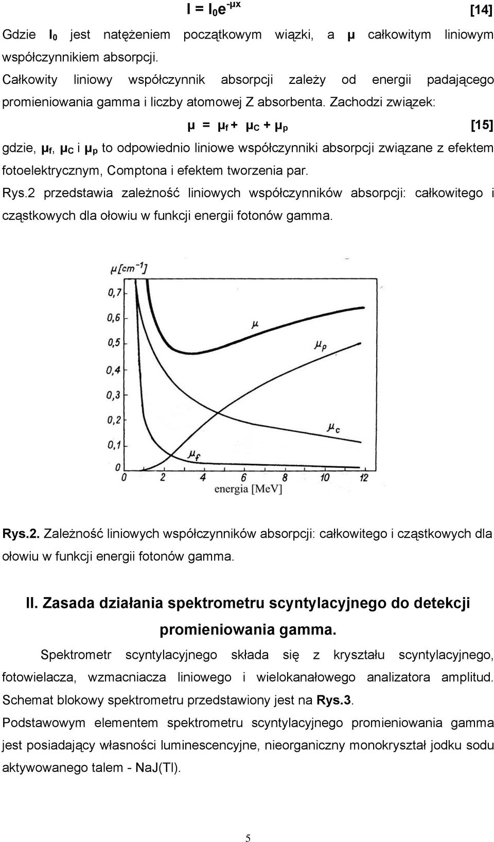 Zachodzi związek: µ = µ f + µ C + µ p [15] gdzie, µ f, µ C i µ p to odpowiednio liniowe współczynniki absorpcji związane z efektem fotoelektrycznym, Comptona i efektem tworzenia par. Rys.