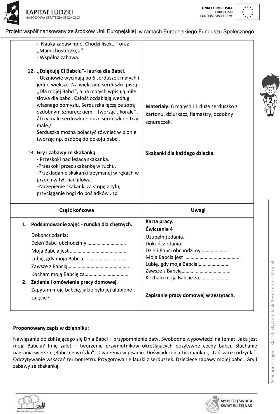 Serduszka łączą ze sobą ozdobnym sznureczkiem tworząc,,korale. /Trzy małe serduszka duże serduszko trzy małe./ Serduszka można połączyć również w pionie tworząc np. ozdobę do pokoju babci. 13.