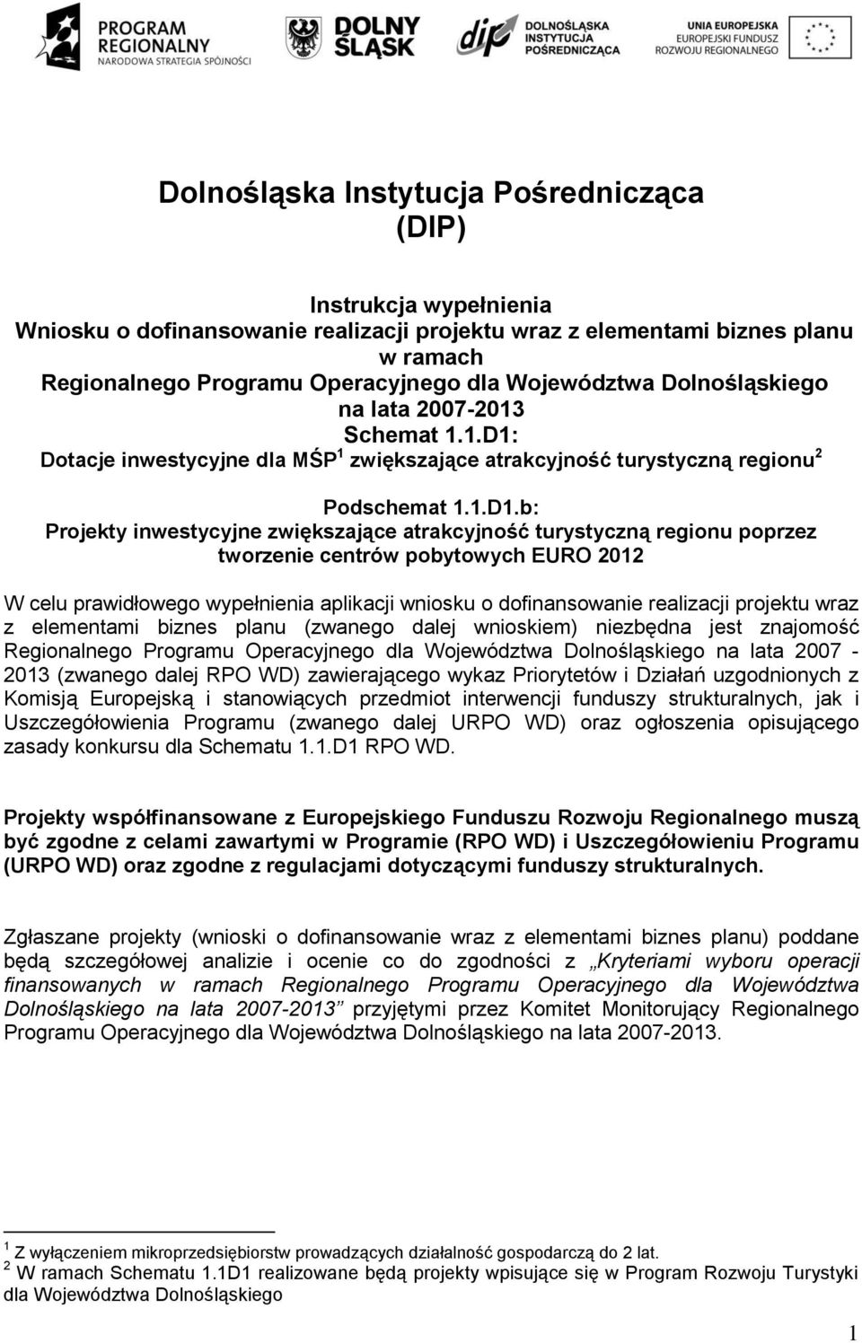 Dotacje inwestycyjne dla MŚP 1 zwiększające atrakcyjność turystyczną regionu 2 Podschemat 1.1.D1.