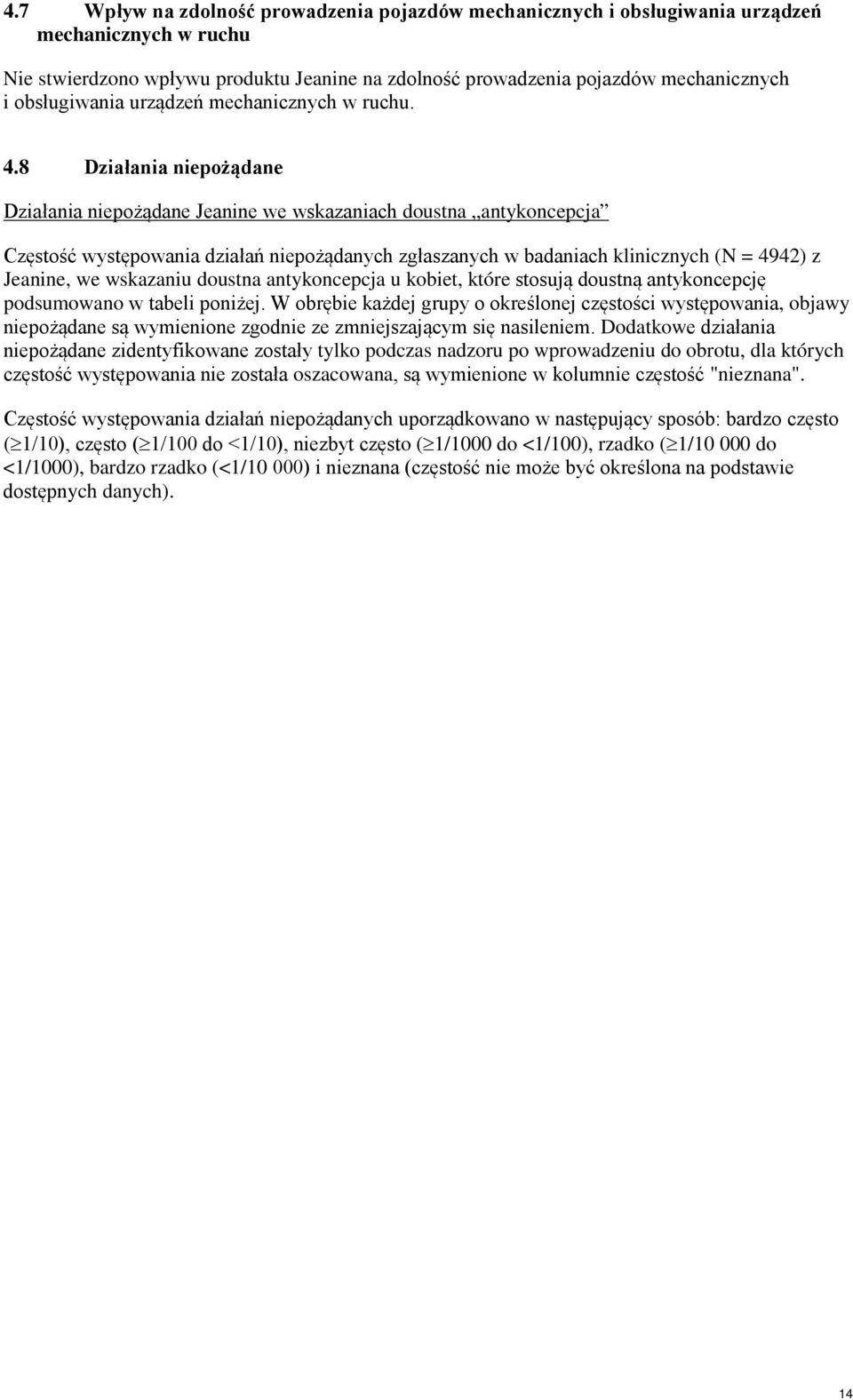 8 Działania niepożądane Działania niepożądane Jeanine we wskazaniach doustna antykoncepcja Częstość występowania działań niepożądanych zgłaszanych w badaniach klinicznych (N = 4942) z Jeanine, we