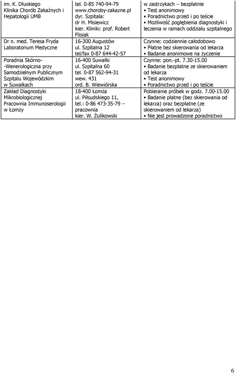 ŁomŜy tel. 0-85 740-94-79 www.choroby-zakazne.pl dyr. Szpitala: dr H. Misiewicz kier. Kliniki: prof. Robert Flisiak 16-300 Augustów ul. Szpitalna 12 tel/fax 0-87 644-42-57 16-400 Suwałki ul.