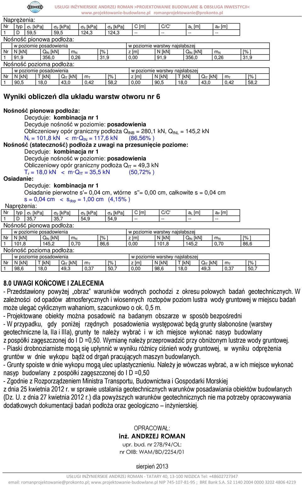 najsłabszej Nr N [kn] Q fn [kn] m N [% ] z [m] N [kn] Q fn [kn] m N [% ] 1 91,9 356,0 0,26 31,9 0,00 91,9 356,0 0,26 31,9 Nośność pozioma podłoża: w poziomie posadowienia w poziomie warstwy