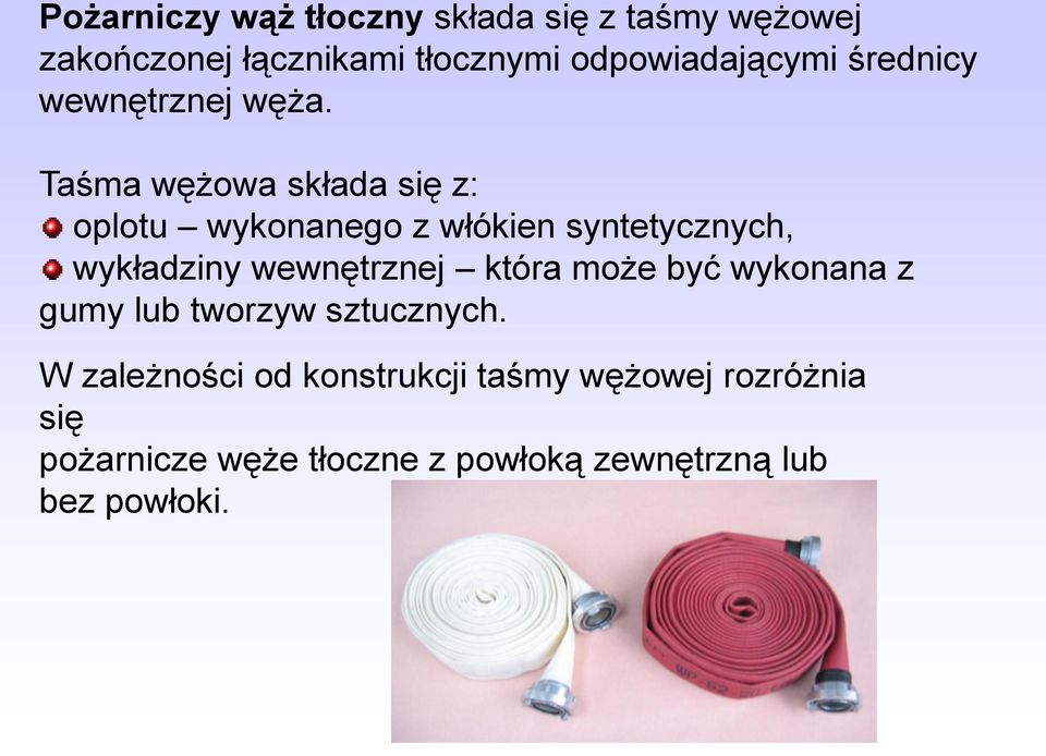 Taśma wężowa składa się z: oplotu wykonanego z włókien syntetycznych, wykładziny wewnętrznej