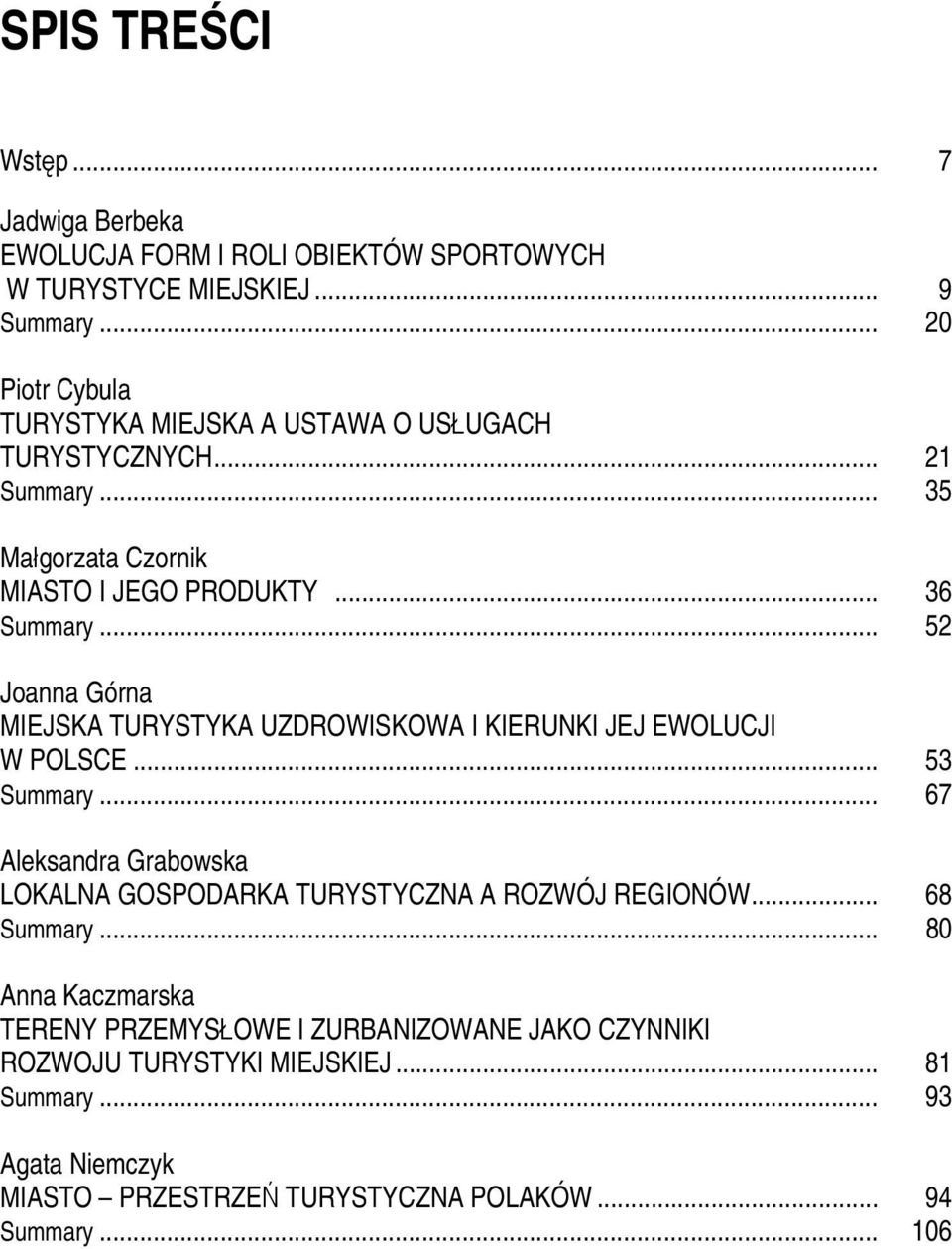 .. 52 Joanna Górna MIEJSKA TURYSTYKA UZDROWISKOWA I KIERUNKI JEJ EWOLUCJI W POLSCE... 53 Summary.