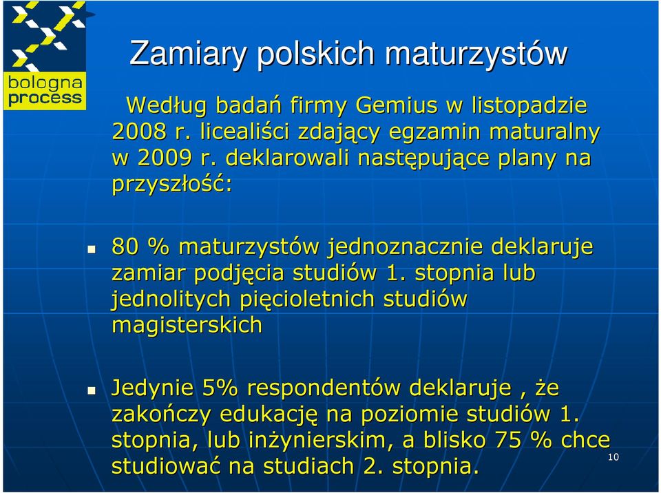 deklarowali następuj pujące plany na przyszłość ść: 80 % maturzystów w jednoznacznie deklaruje zamiar podjęcia studiów