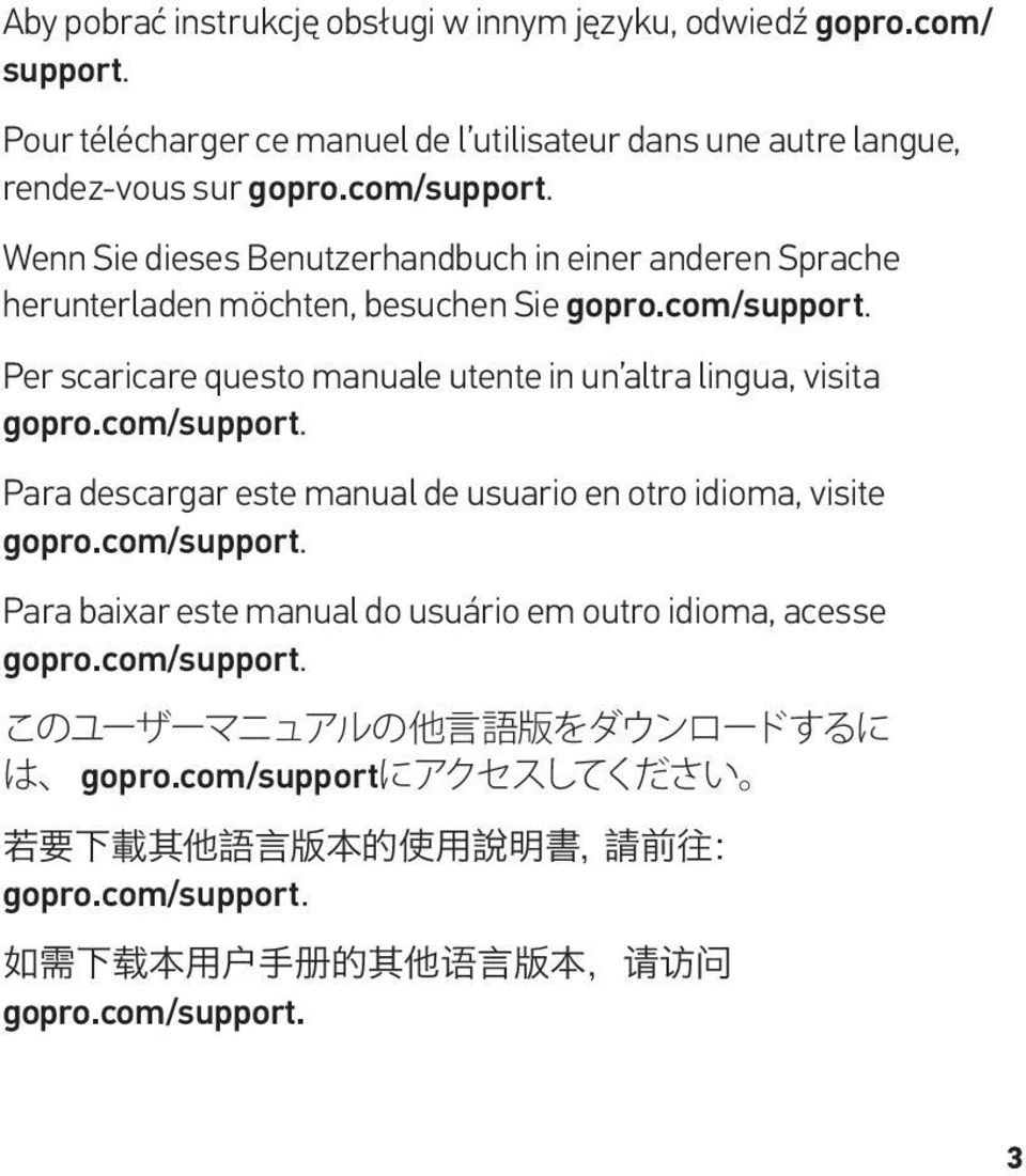 Per scaricare questo manuale utente in un altra lingua, visita gopro.com/support. Para descargar este manual de usuario en otro idioma, visite gopro.com/support. Para baixar este manual do usuário em outro idioma, acesse gopro.