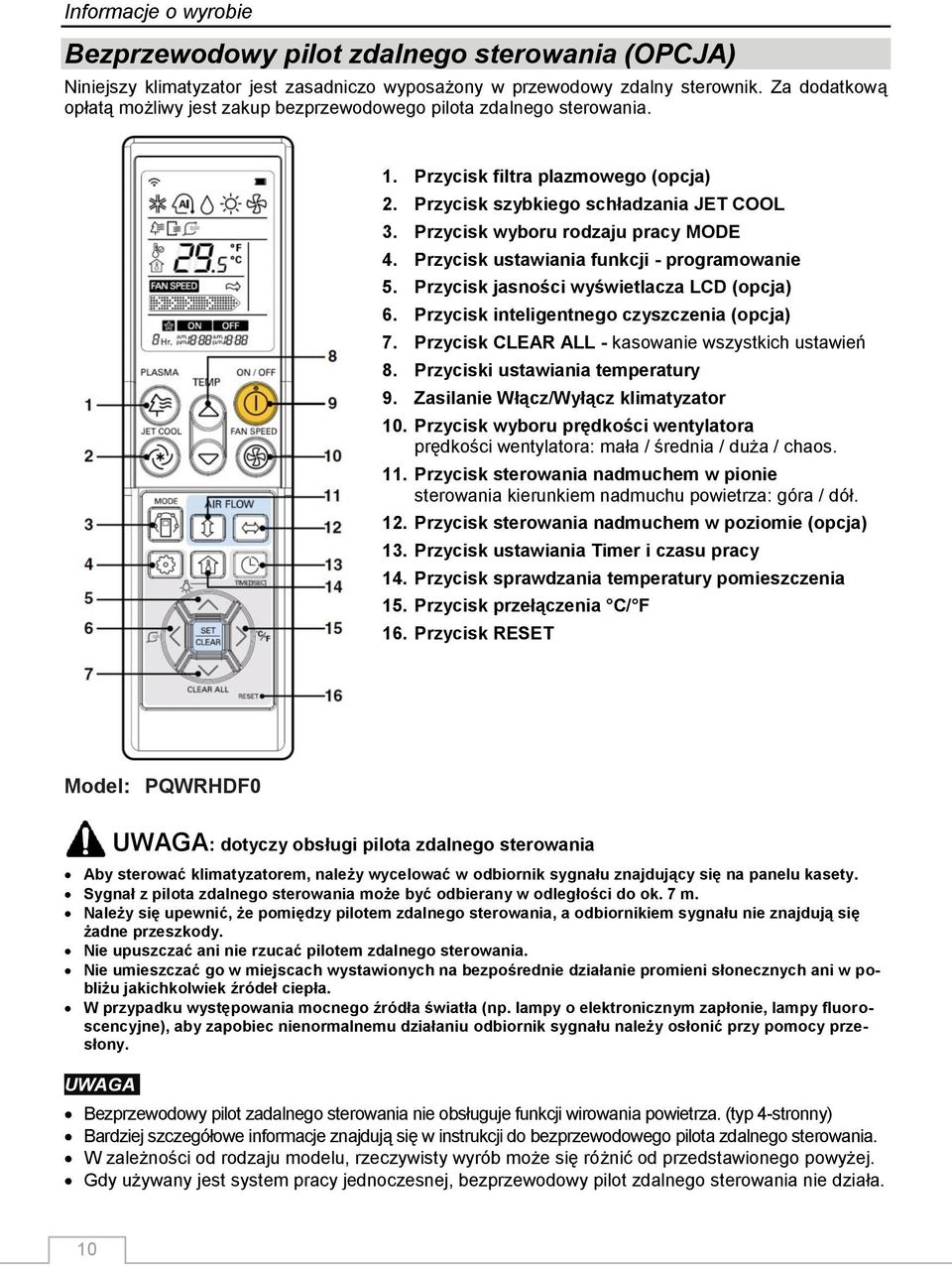 Przycisk wyboru rodzaju pracy MODE 4. Przycisk ustawiania funkcji - programowanie 5. Przycisk jasności wyświetlacza LCD (opcja) 6. Przycisk inteligentnego czyszczenia (opcja) 7.