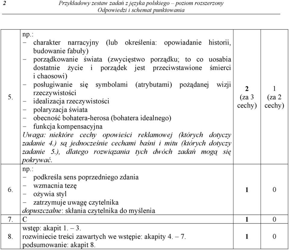 chaosowi) - posługiwanie się symbolami (atrybutami) pożądanej wizji rzeczywistości - idealizacja rzeczywistości - polaryzacja świata - obecność bohatera-herosa (bohatera idealnego) - funkcja