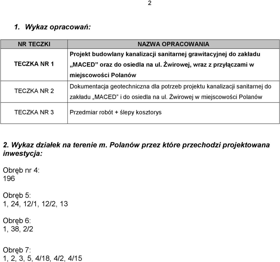 świrowej, wraz z przyłączami w miejscowości Polanów Dokumentacja geotechniczna dla potrzeb projektu kanalizacji sanitarnej do zakładu MACED i do