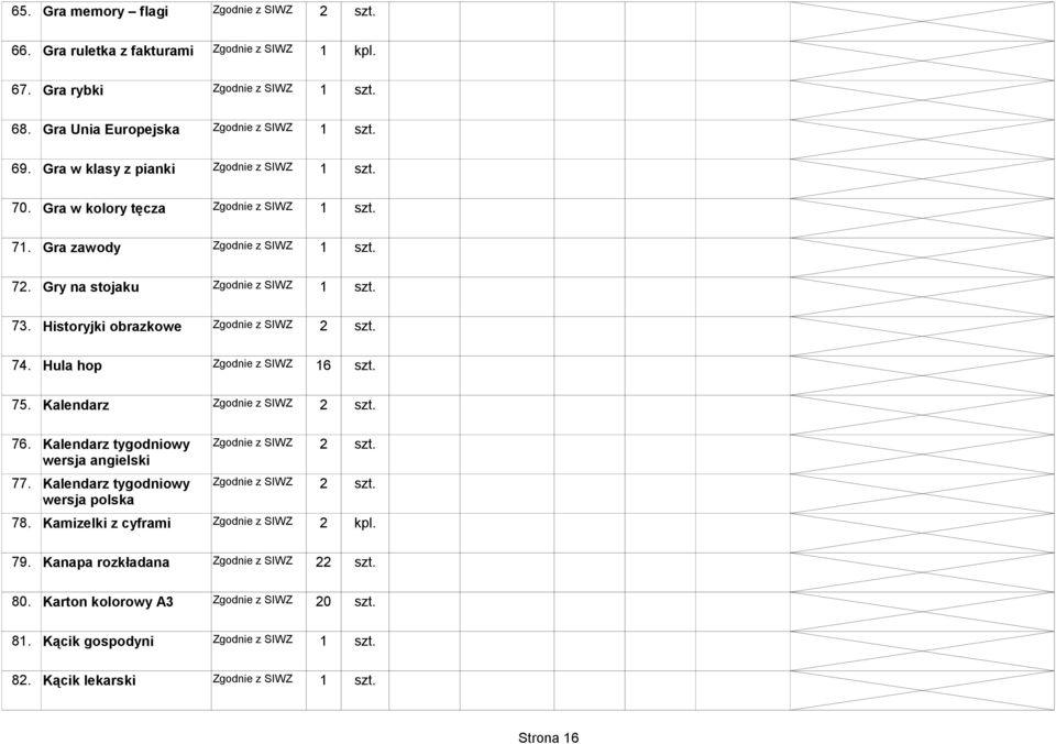 Hula hop Zgodnie z 16 szt. 75. Kalendarz Zgodnie z 2 szt. 76. Kalendarz tygodniowy Zgodnie z 2 szt. wersja angielski 77. Kalendarz tygodniowy Zgodnie z 2 szt. wersja polska 78.