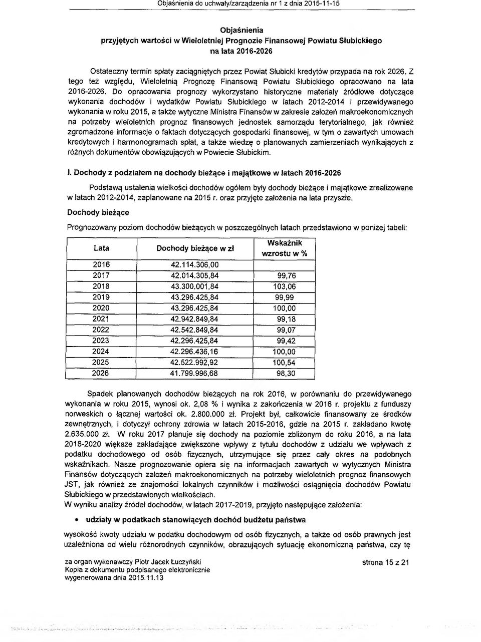 Do opracowania prognozy wykorzystano historyczne materiały źródłowe dotyczące wykonania dochodów i wydatków Powiatu Słubickiego w latach 2012-2014 i przewidywanego wykonania w roku 2015, a także