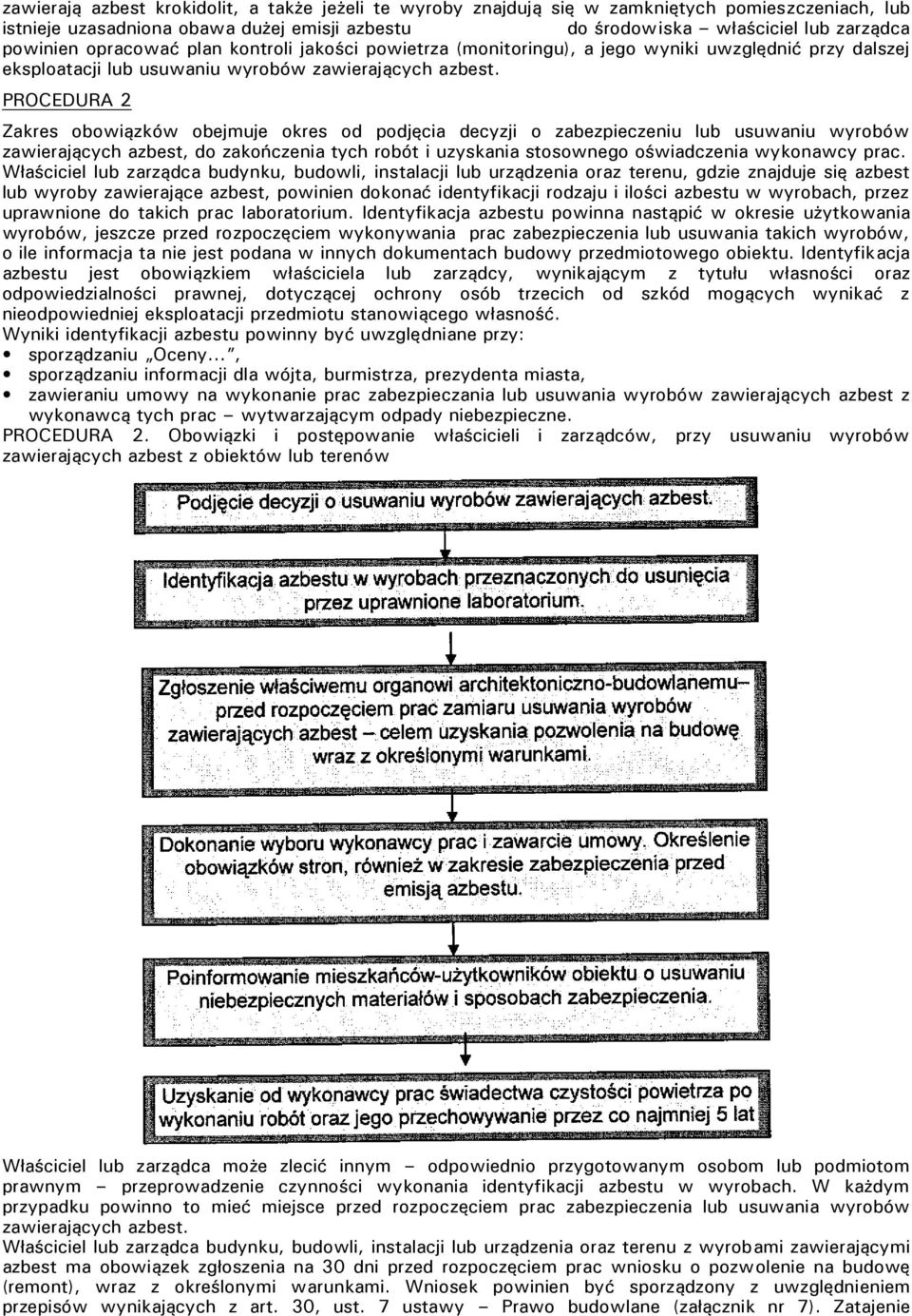PROCEDURA 2 Zakres obowiązków obejmuje okres od podjęcia decyzji o zabezpieczeniu lub usuwaniu wyrobów zawierających azbest, do zakończenia tych robót i uzyskania stosownego oświadczenia wykonawcy