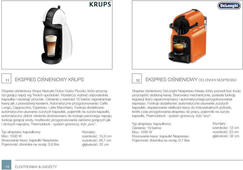 Funkcje dodatkowe: automatyczne usuwanie zużytych kapsułek, pojemnik na zużyte kapsułki, automatyczny dobór ciśnienia dostosowany do rodzaju parzonego napoju, funkcja gorącej wody, możliwość