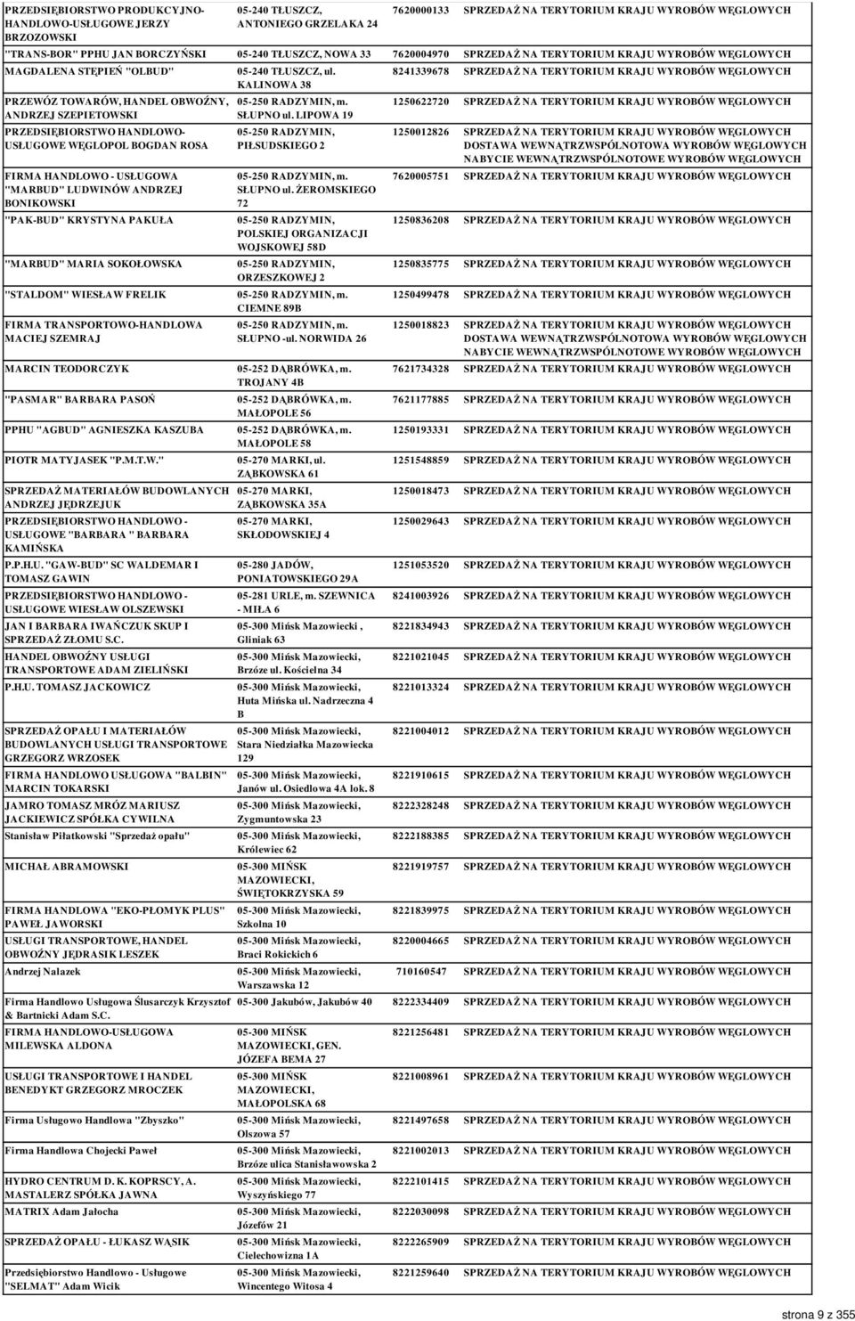 - USŁUGOWA "MARBUD" LUDWINÓW ANDRZEJ BONIKOWSKI "PAK-BUD" KRYSTYNA PAKUŁA "MARBUD" MARIA SOKOŁOWSKA 05-240 TŁUSZCZ, ul. KALINOWA 38 05-250 RADZYMIN, m. SŁUPNO ul.