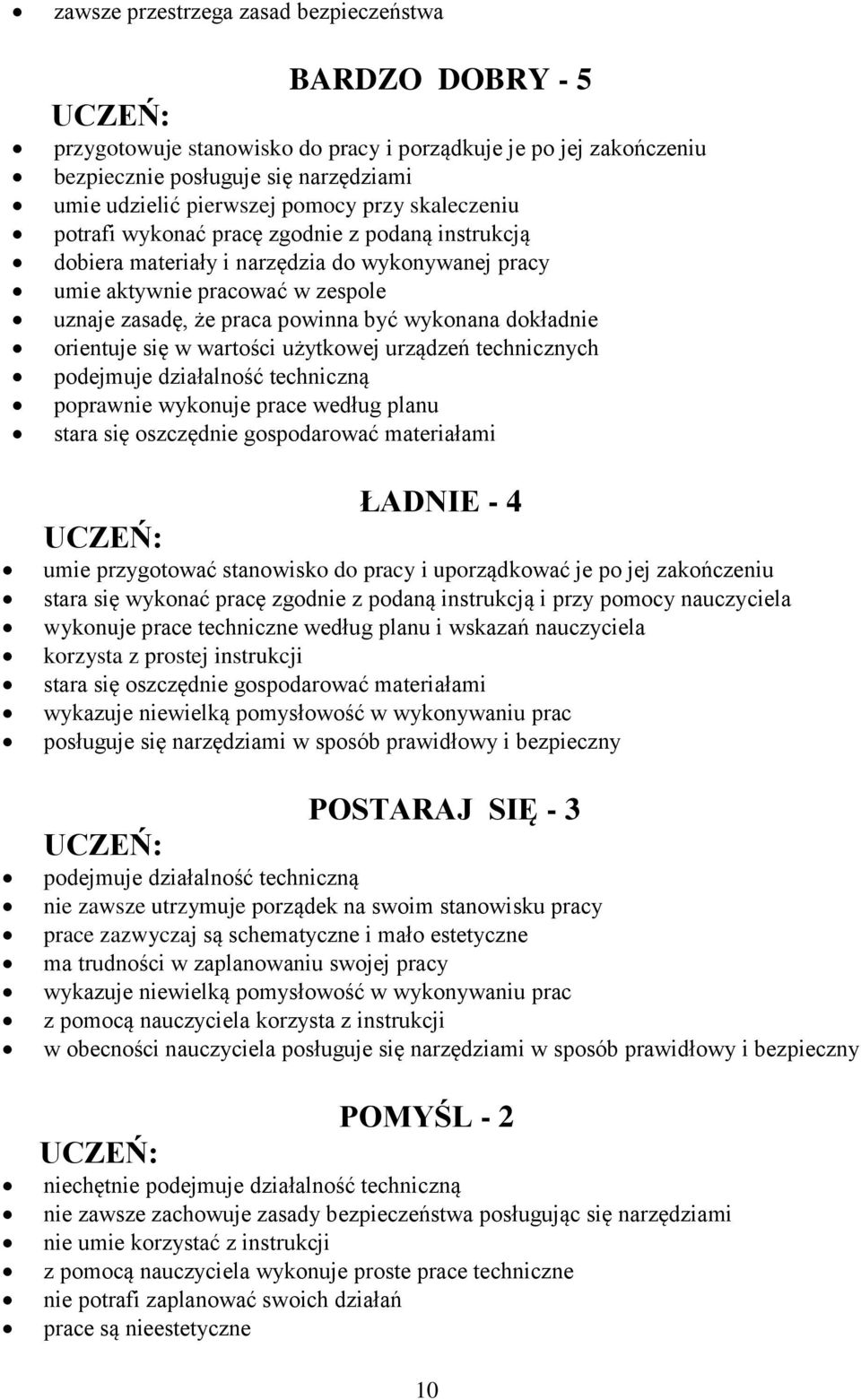 dokładnie orientuje się w wartości użytkowej urządzeń technicznych podejmuje działalność techniczną poprawnie wykonuje prace według planu stara się oszczędnie gospodarować materiałami umie