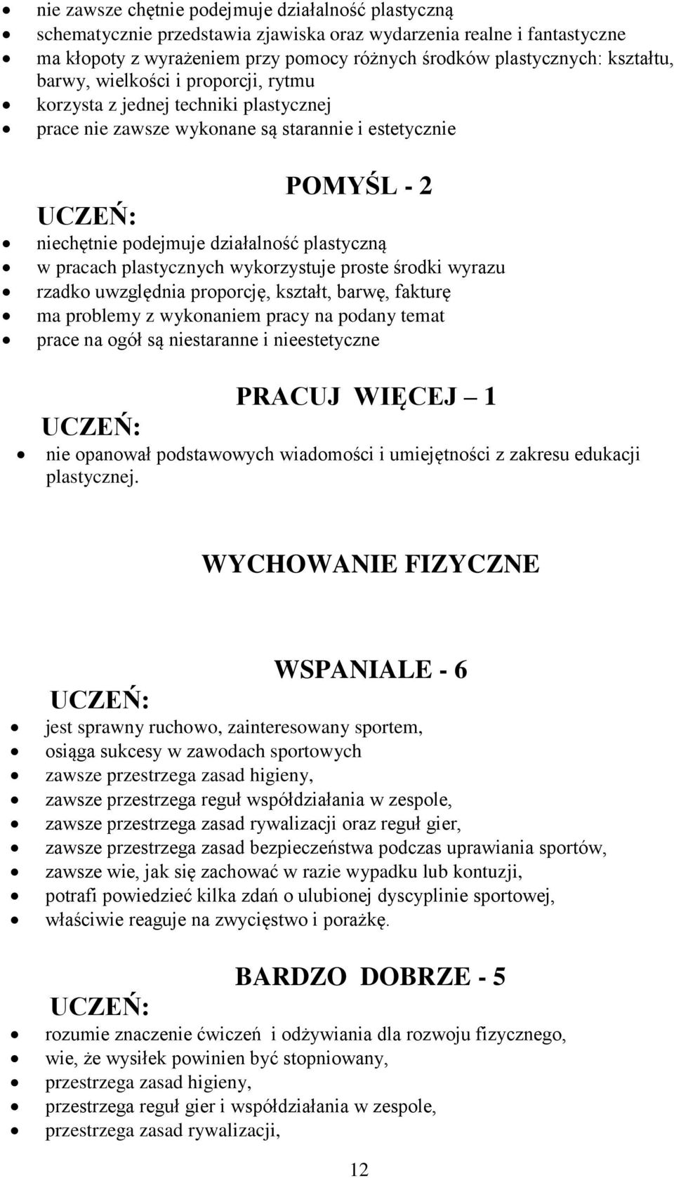 plastycznych wykorzystuje proste środki wyrazu rzadko uwzględnia proporcję, kształt, barwę, fakturę ma problemy z wykonaniem pracy na podany temat prace na ogół są niestaranne i nieestetyczne