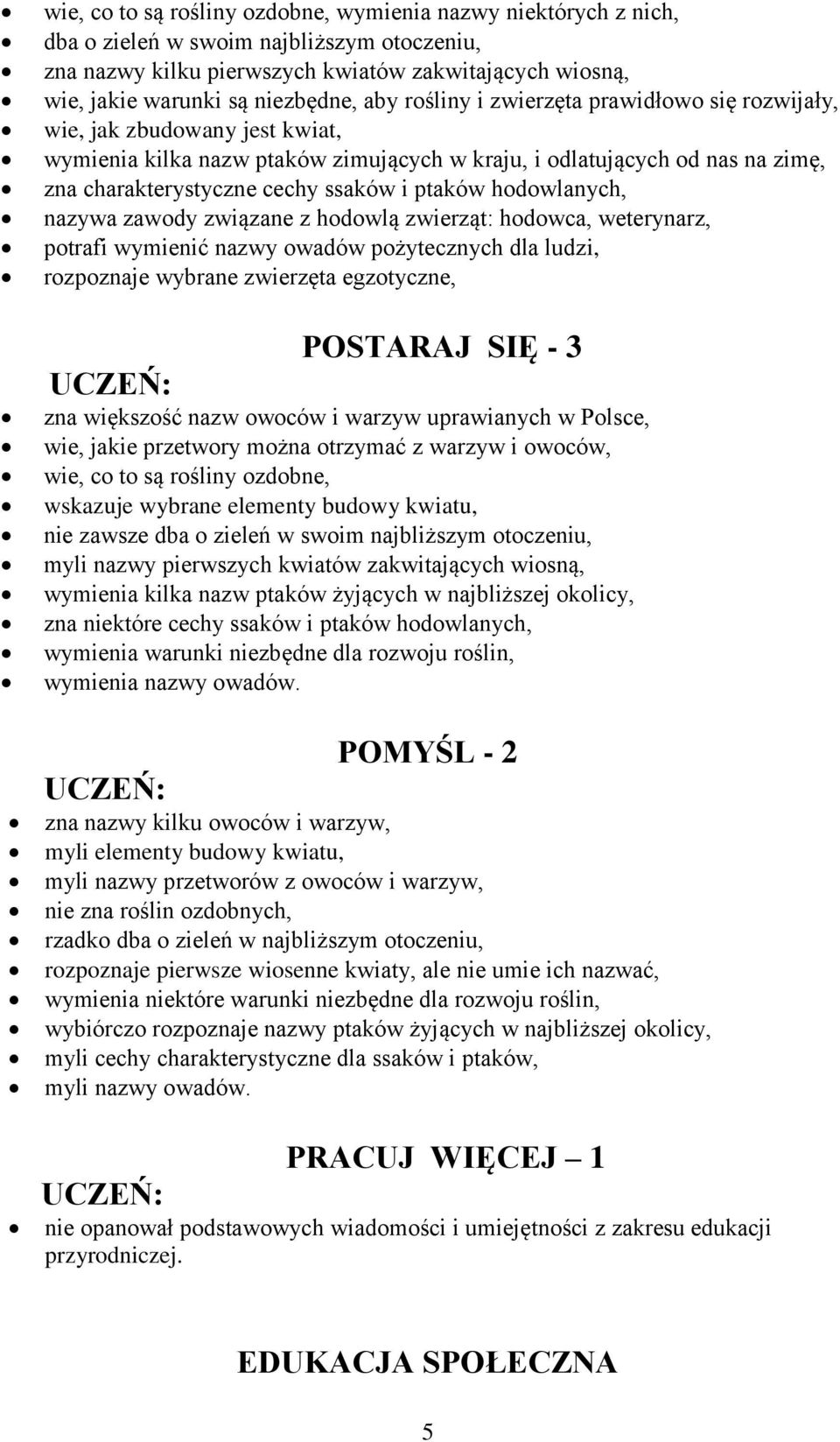 ptaków hodowlanych, nazywa zawody związane z hodowlą zwierząt: hodowca, weterynarz, potrafi wymienić nazwy owadów pożytecznych dla ludzi, rozpoznaje wybrane zwierzęta egzotyczne, zna większość nazw