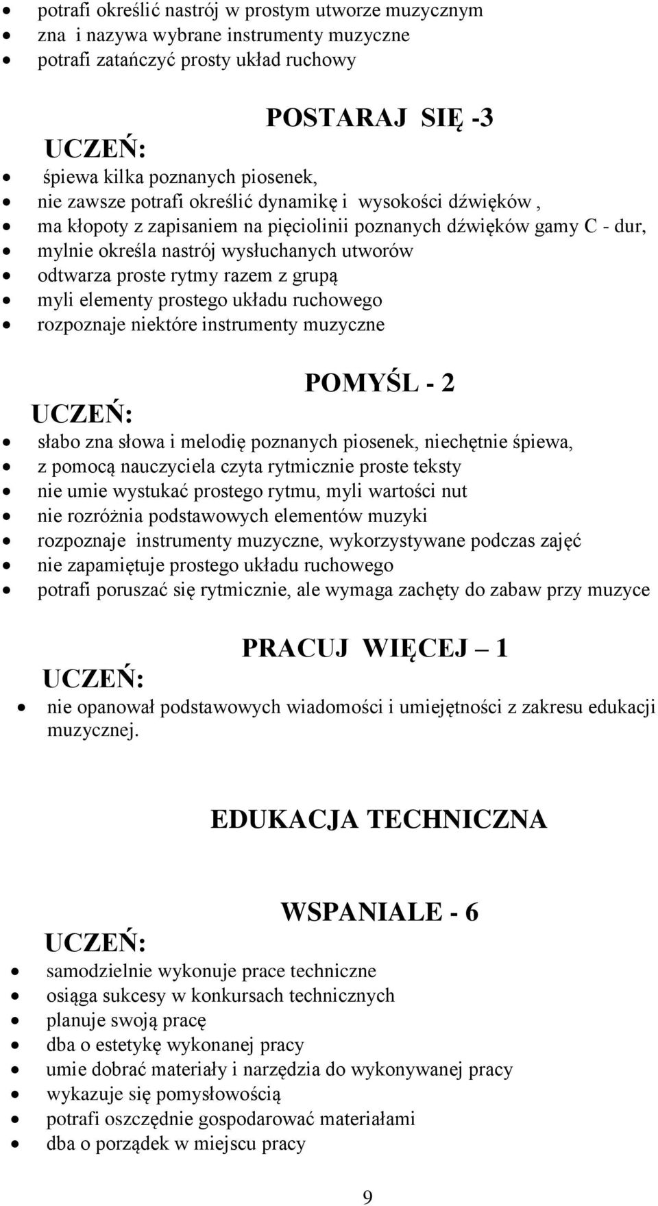 myli elementy prostego układu ruchowego rozpoznaje niektóre instrumenty muzyczne słabo zna słowa i melodię poznanych piosenek, niechętnie śpiewa, z pomocą nauczyciela czyta rytmicznie proste teksty