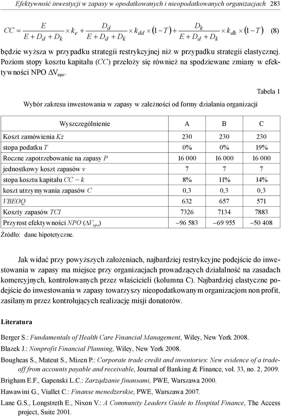 Tabela 1 Wybór zakresu inwestowania w zapasy w zależności od formy działania organizacji Wyszczególnienie A B C Koszt zamówienia Kz 230 230 230 stopa podatku T 0% 0% 19% Roczne zapotrzebowanie na