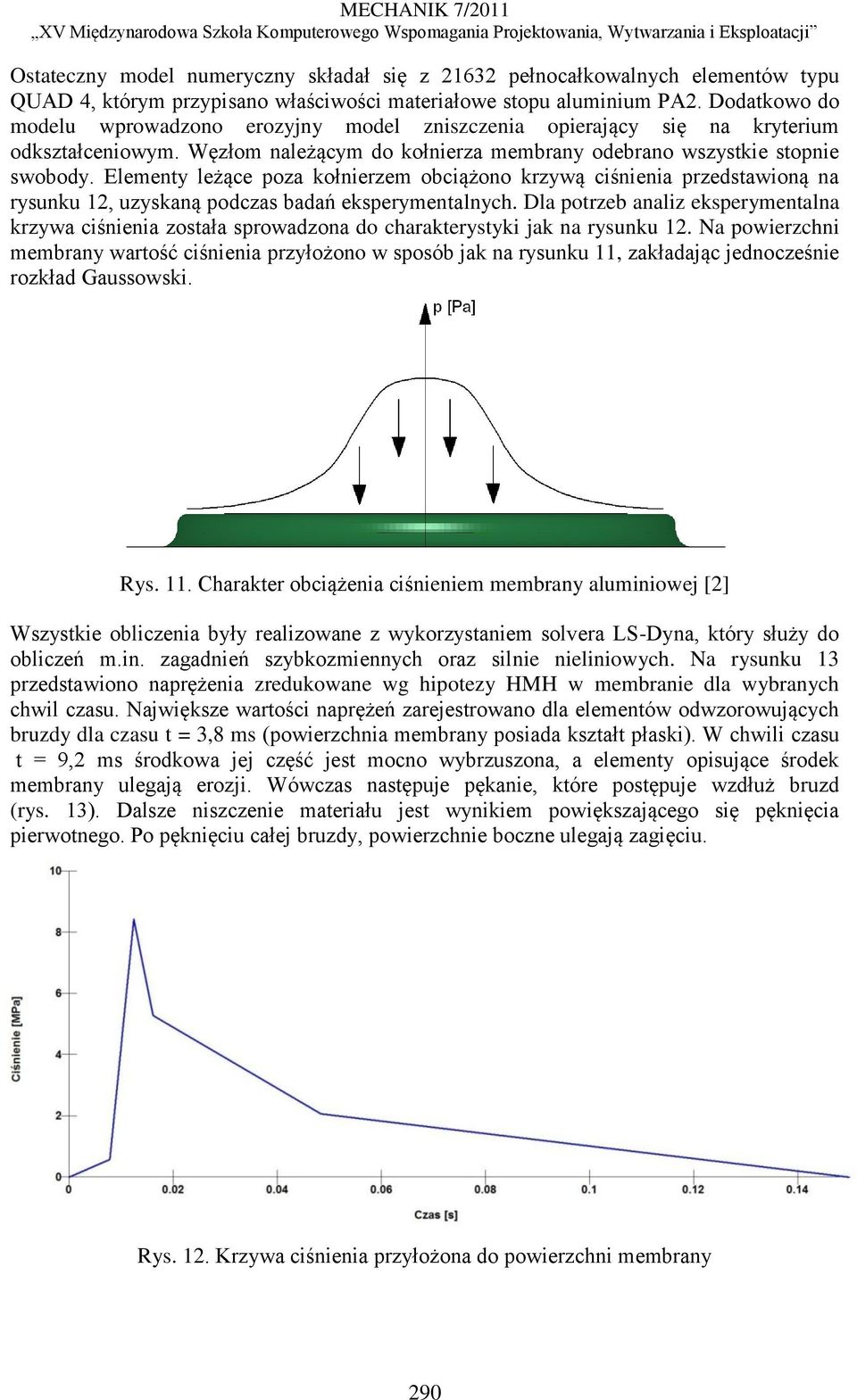 Elementy leżące poza kołnierzem obciążono krzywą ciśnienia przedstawioną na rysunku 12, uzyskaną podczas badań eksperymentalnych.