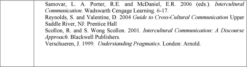 2004 Guide to Cross-Cultural Communication Upper Saddle River, NJ: Prentice Hall Scollon, R. and S.