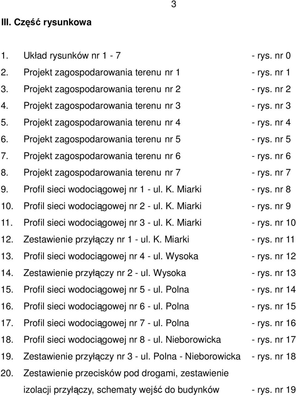 nr 6 8. Projekt zagospodarowania terenu nr 7 - rys. nr 7 9. Profil sieci wodociągowej nr 1 - ul. K. Miarki - rys. nr 8 10. Profil sieci wodociągowej nr 2 - ul. K. Miarki - rys. nr 9 11.