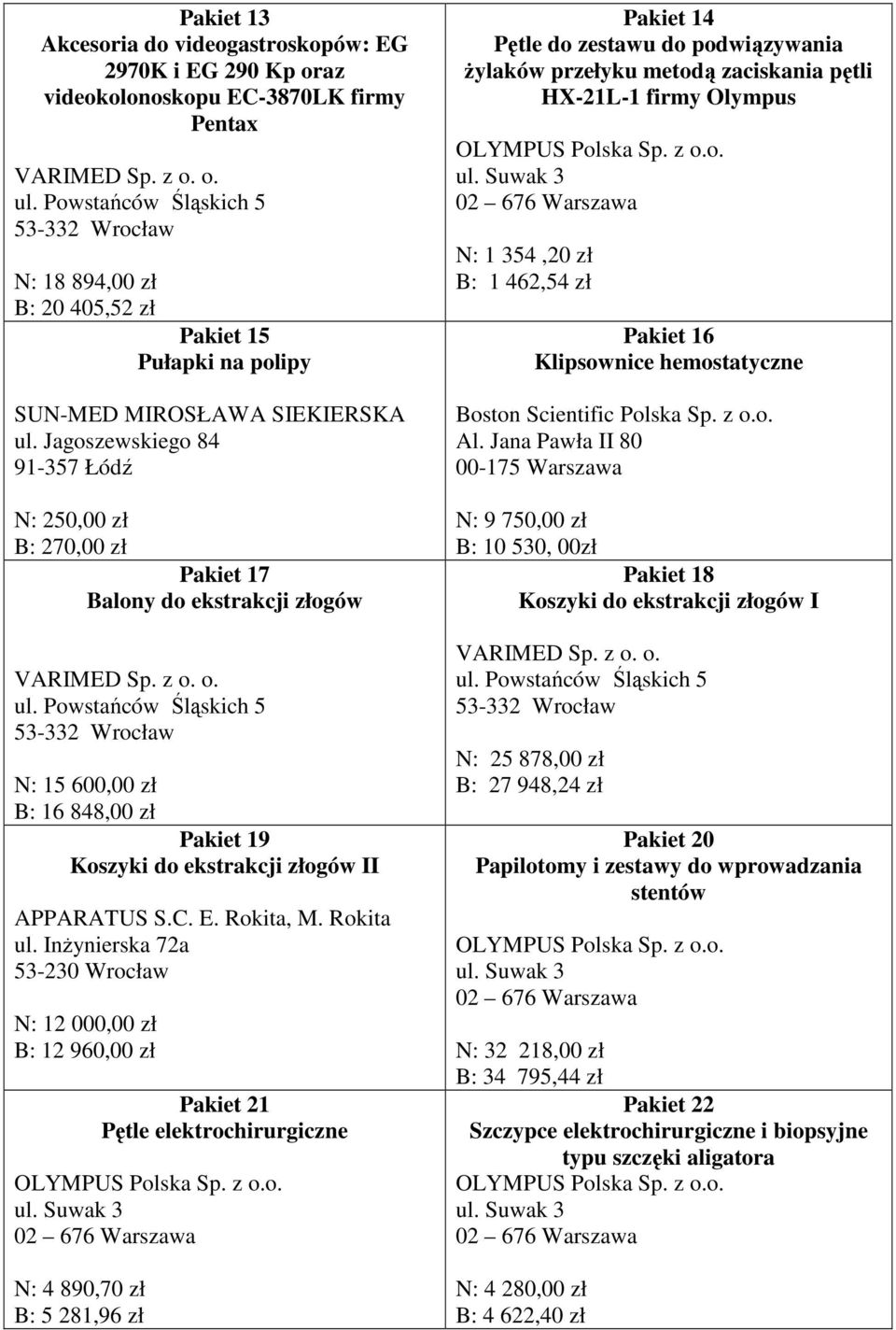 podwiązywania żylaków przełyku metodą zaciskania pętli HX-21L-1 firmy Olympus N: 1 34,20 zł B: 1 462,4 zł Pakiet 16 Klipsownice hemostatyczne N: 9 70,00 zł B: 10 30, 00zł Pakiet 1 Koszyki do