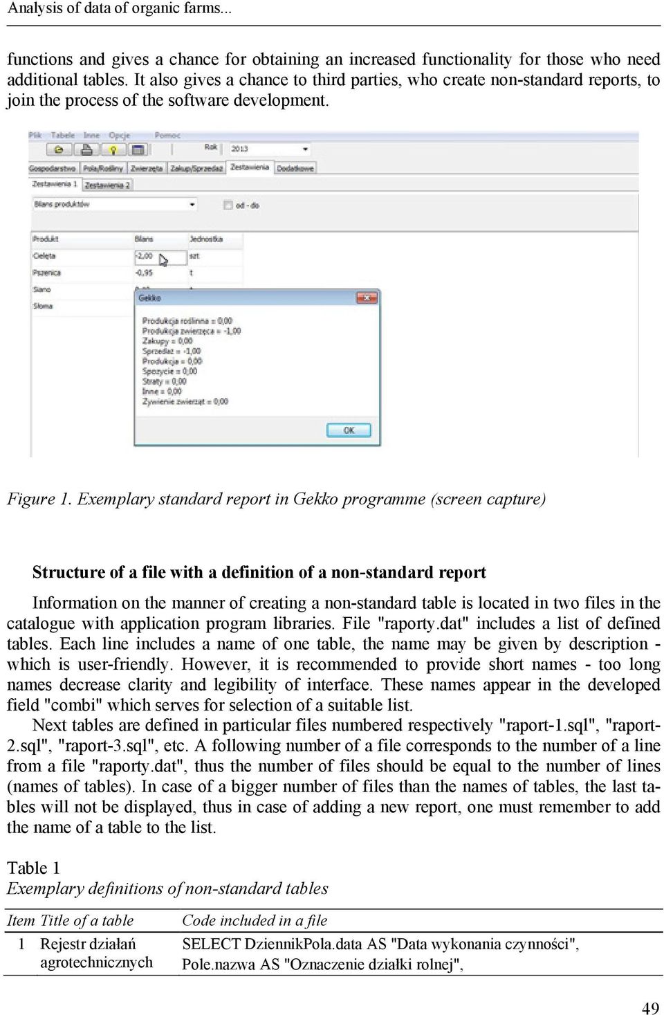 Exemplary standard report in Gekko programme (screen capture) Structure of a file with a definition of a non-standard report Information on the manner of creating a non-standard table is located in