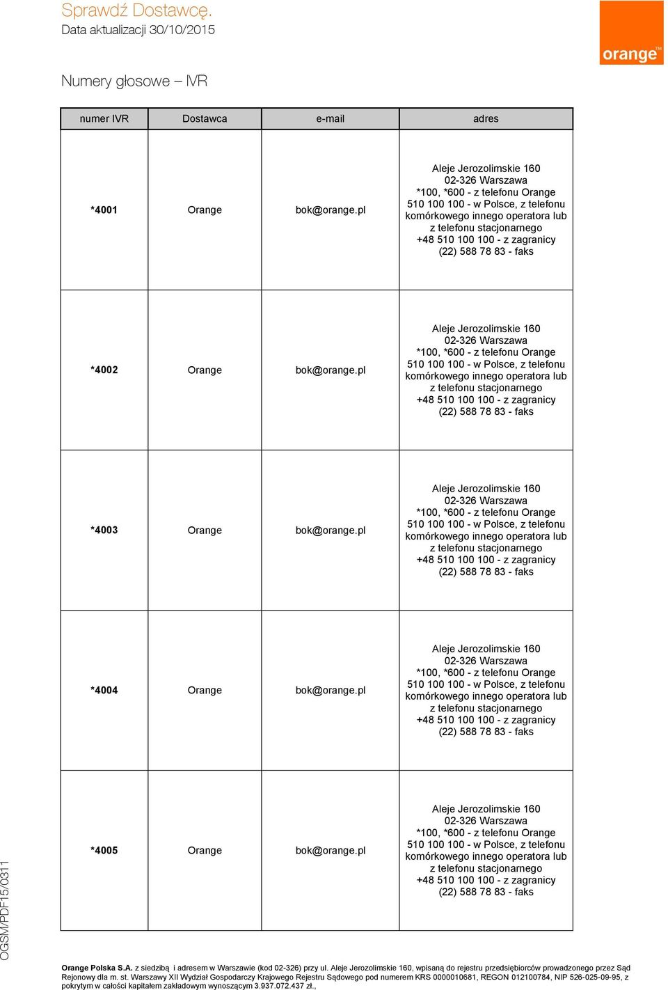 pl *4004 Orange bok@orange.pl *4005 Orange bok@orange.pl Orange Polska S.A.