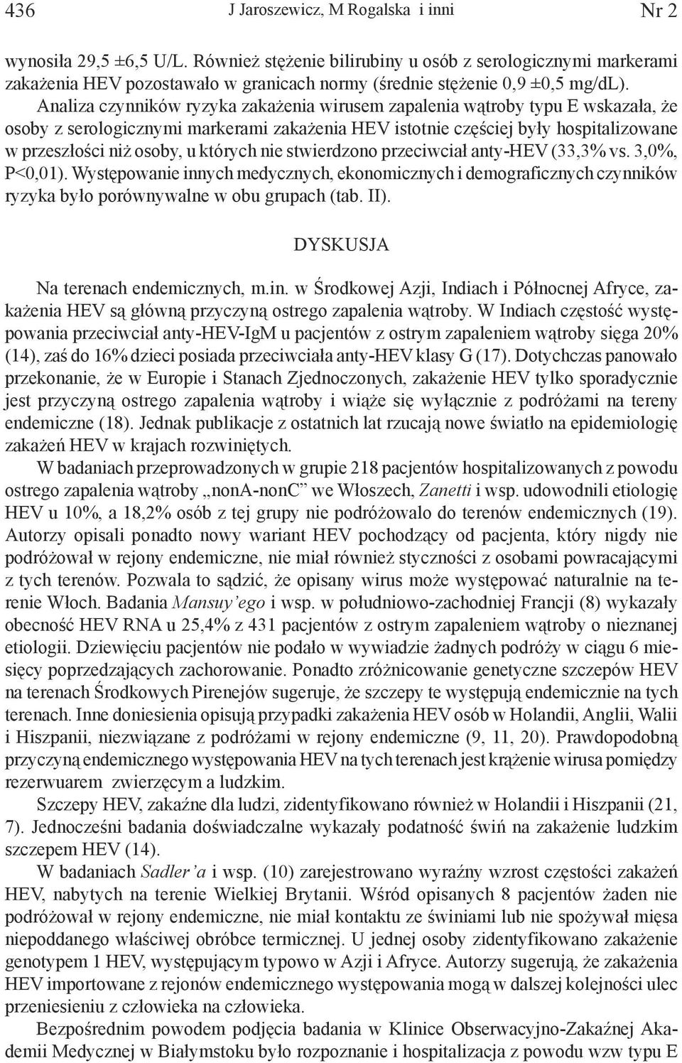 Analiza czynników ryzyka zakażenia wirusem zapalenia wątroby typu E wskazała, że osoby z serologicznymi markerami zakażenia HEV istotnie częściej były hospitalizowane w przeszłości niż osoby, u