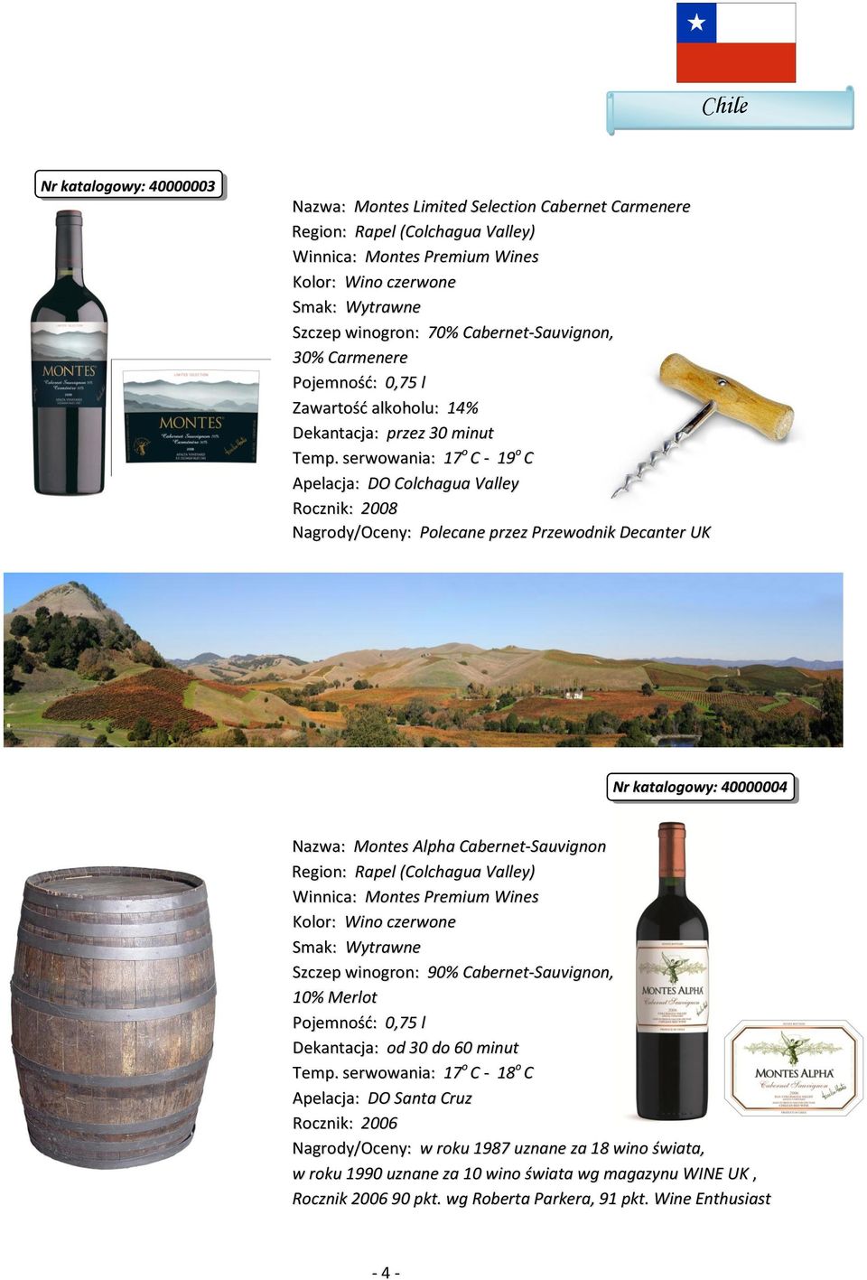 serwowania: 17 o C - 19 o C Apelacja: DO Colchagua Valley Nagrody/Oceny: Polecane przez Przewodnik Decanter UK Nr katalogowy: 40000004 Nazwa: Montes Alpha Cabernet-Sauvignon Region: Rapel (Colchagua