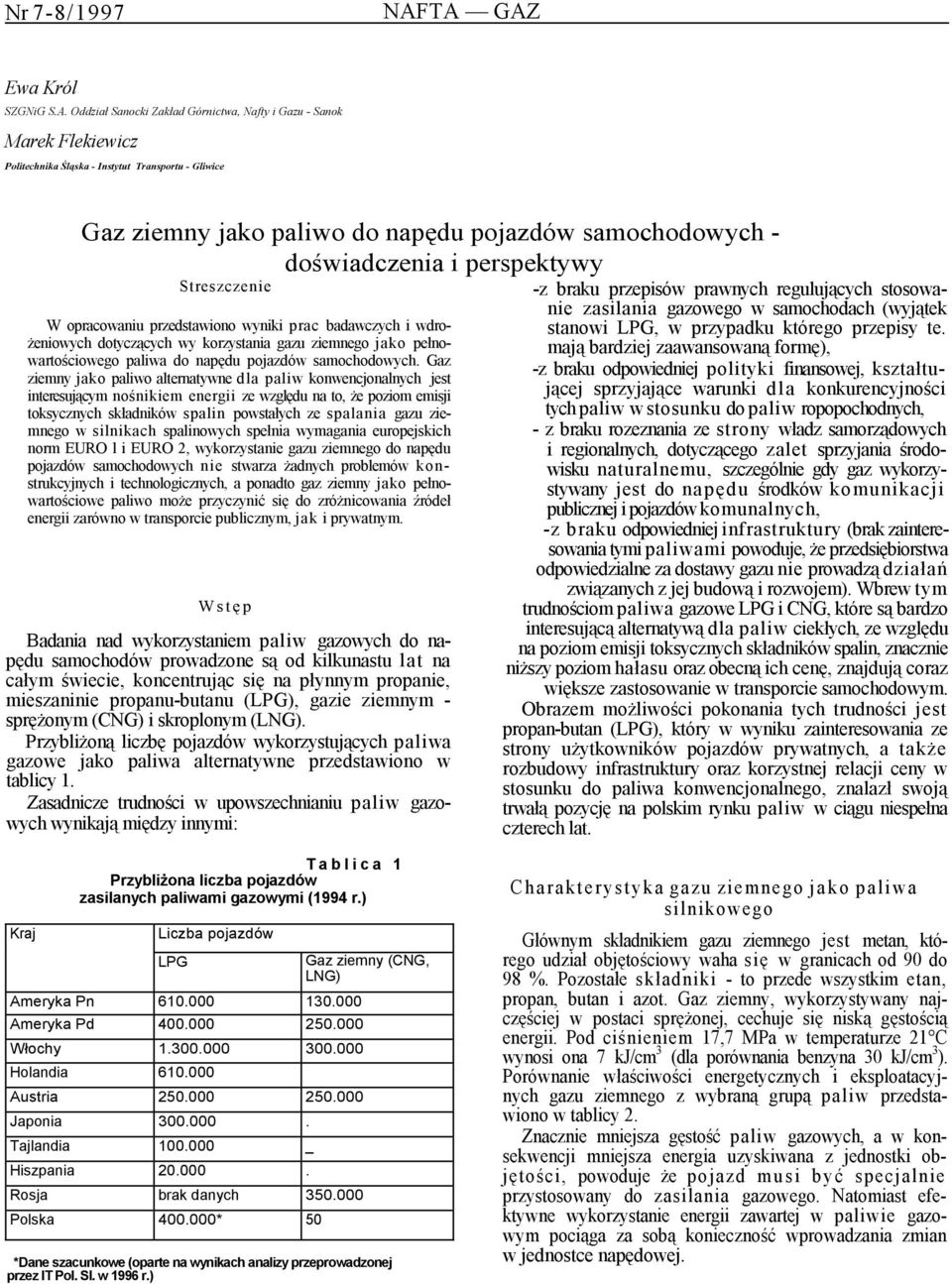 samochodowych - doświadczenia i perspektywy Streszczenie W opracowaniu przedstawiono wyniki prac badawczych i wdrożeniowych dotyczących wy korzystania gazu ziemnego jako pełnowartościowego paliwa do