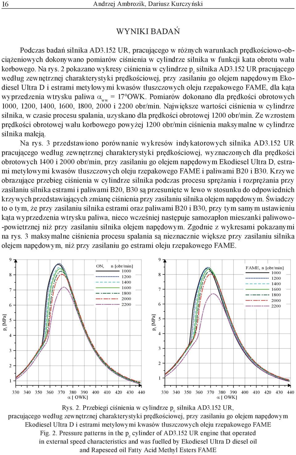 2 pokazano wykresy ciśnienia w cylindrze p c silnika AD3.