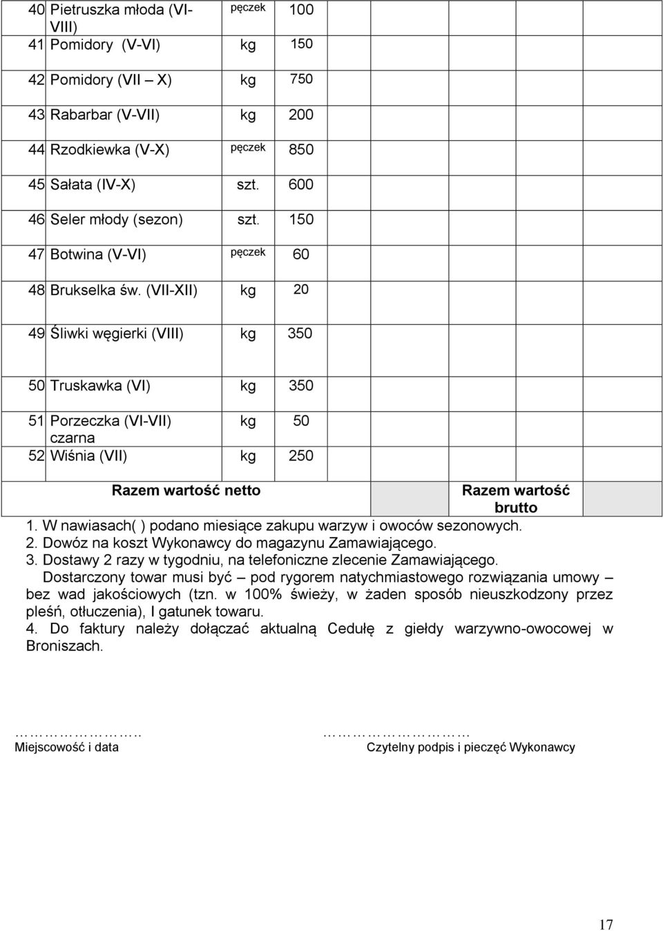 wartość Razem wartość 1 W nawiasach( ) podano miesiące zakupu warzyw i owoców sezonowych 2 Dowóz na koszt Wykonawcy do magazynu Zamawiającego 3 Dostawy 2 razy w tygodniu, na telefoniczne zlecenie