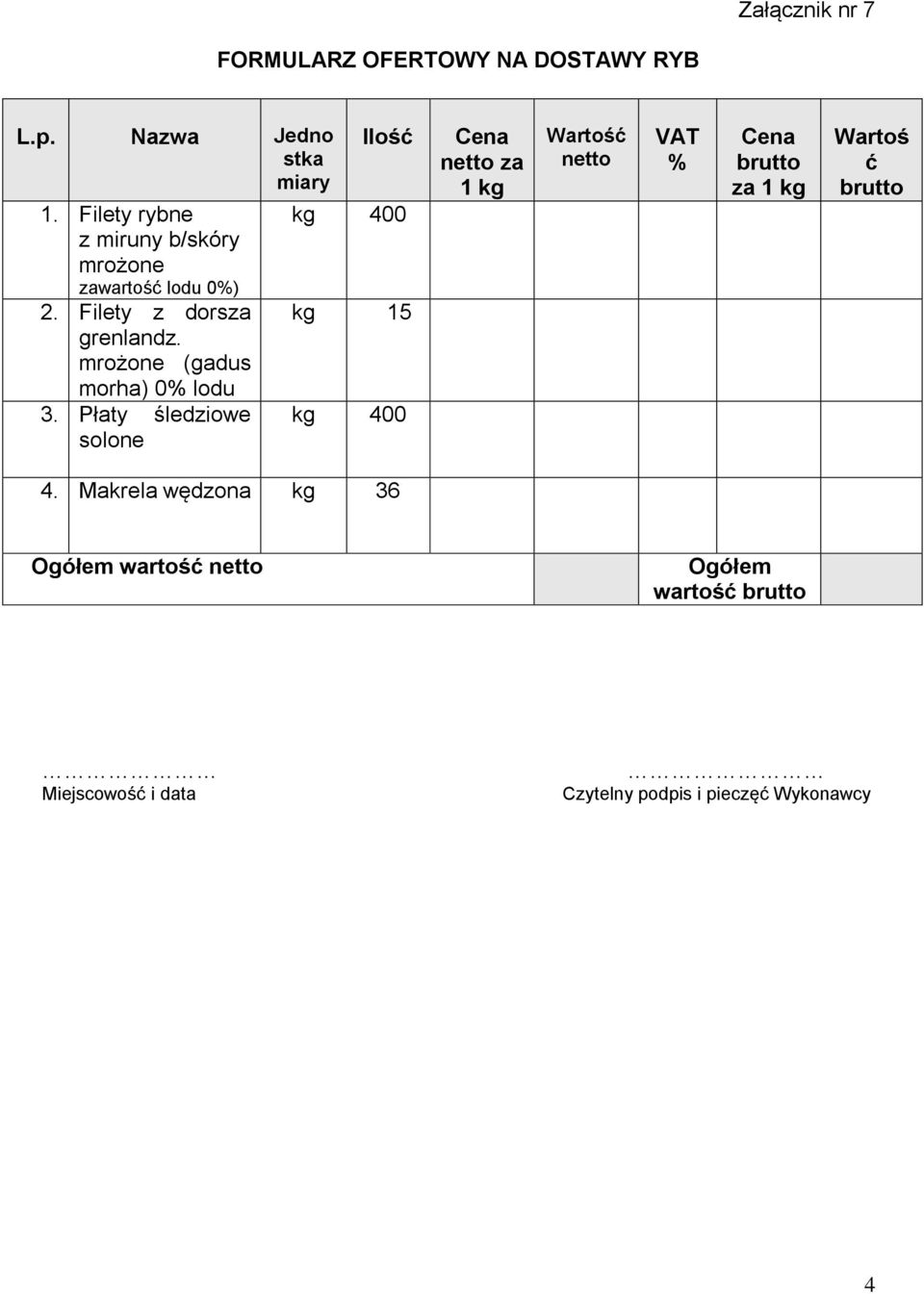 Płaty śledziowe solone Ilość kg 400 kg 15 kg 400 Cena za 1 kg VAT % Cena za 1 kg Wartoś ć 4