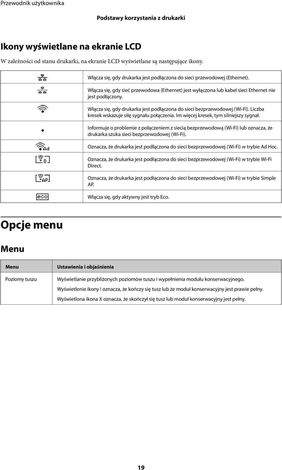 Włącza się, gdy drukarka jest podłączona do sieci bezprzewodowej (Wi-Fi). Liczba kresek wskazuje siłę sygnału połączenia. Im więcej kresek, tym silniejszy sygnał.