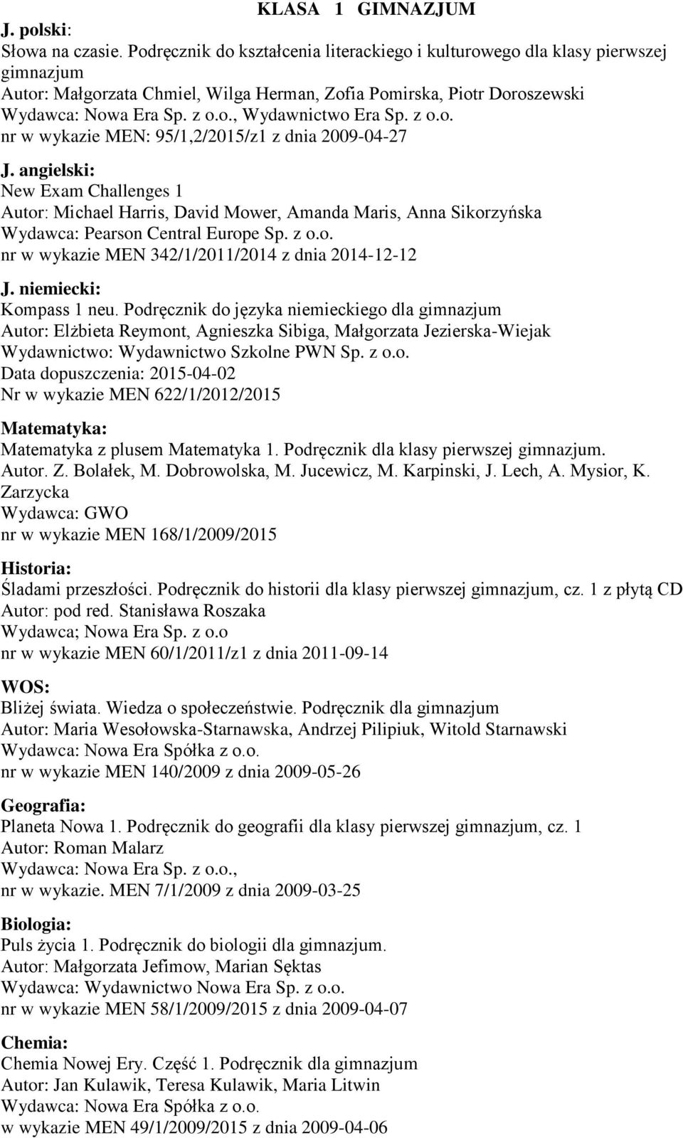 z o.o. nr w wykazie MEN: 95/1,2/2015/z1 z dnia 2009-04-27 J. angielski: New Exam Challenges 1 Autor: Michael Harris, David Mower, Amanda Maris, Anna Sikorzyńska Wydawca: Pearson Central Europe Sp.