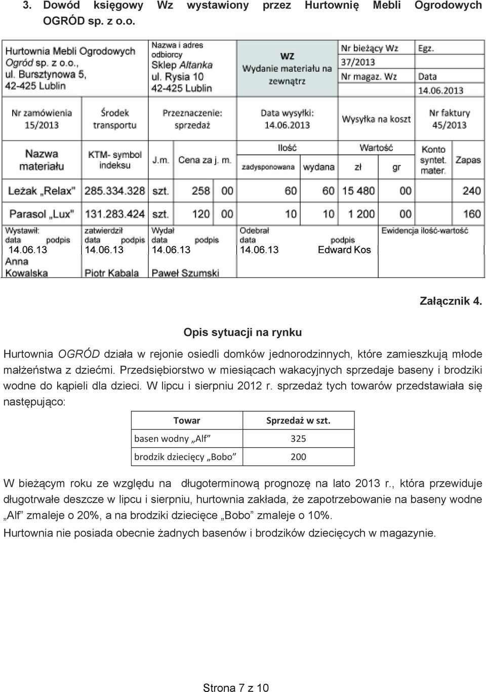 Przedsi biorstwo w miesi cach wakacyjnych sprzedaje baseny i brodziki wodne do k pieli dla dzieci. W lipcu i sierpniu 2012 r. sprzeda tych towarów przedstawia a si nast puj co: Towar Sprzeda w szt.