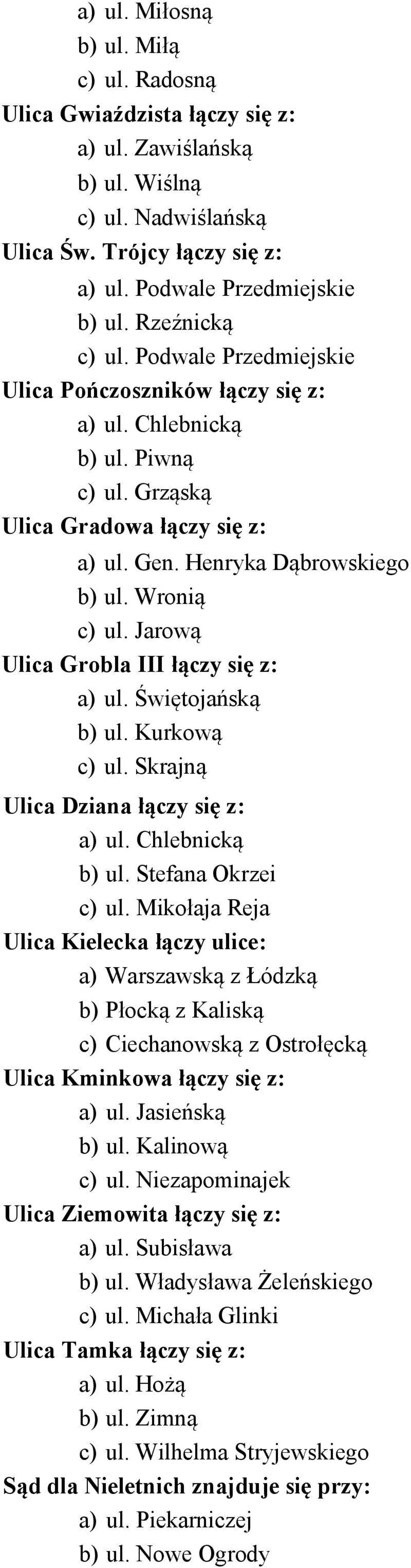 Jarową Ulica Grobla III łączy się z: a) ul. Świętojańską b) ul. Kurkową c) ul. Skrajną Ulica Dziana łączy się z: a) ul. Chlebnicką b) ul. Stefana Okrzei c) ul.