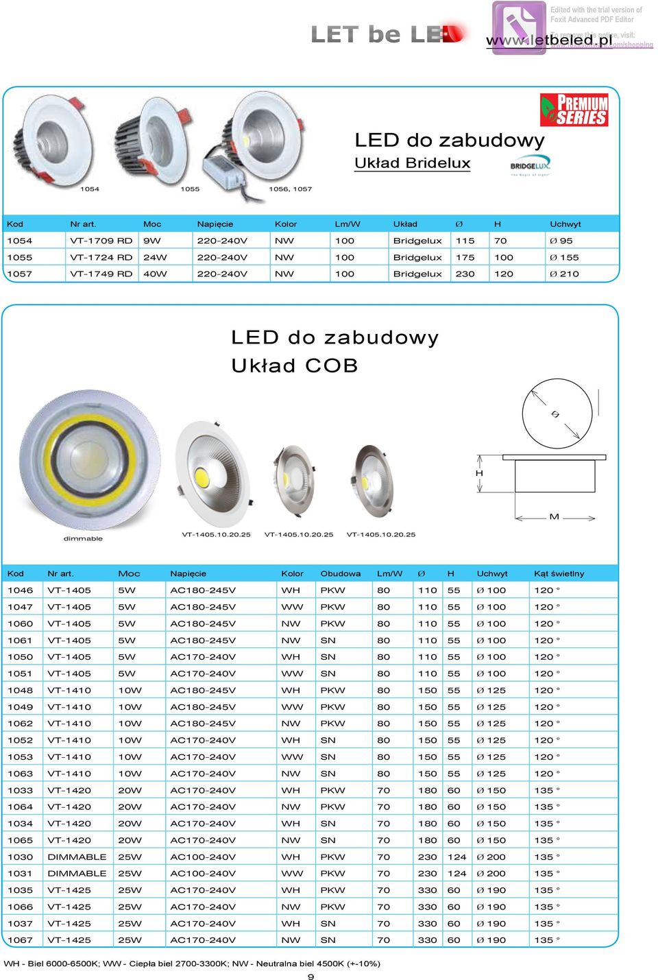 Bridgelux 230 120 Ø 210 Układ COB Ø H M dimmable VT-1405.10.20.25 VT-1405.10.20.25 VT-1405.10.20.25 Kod Nr art.